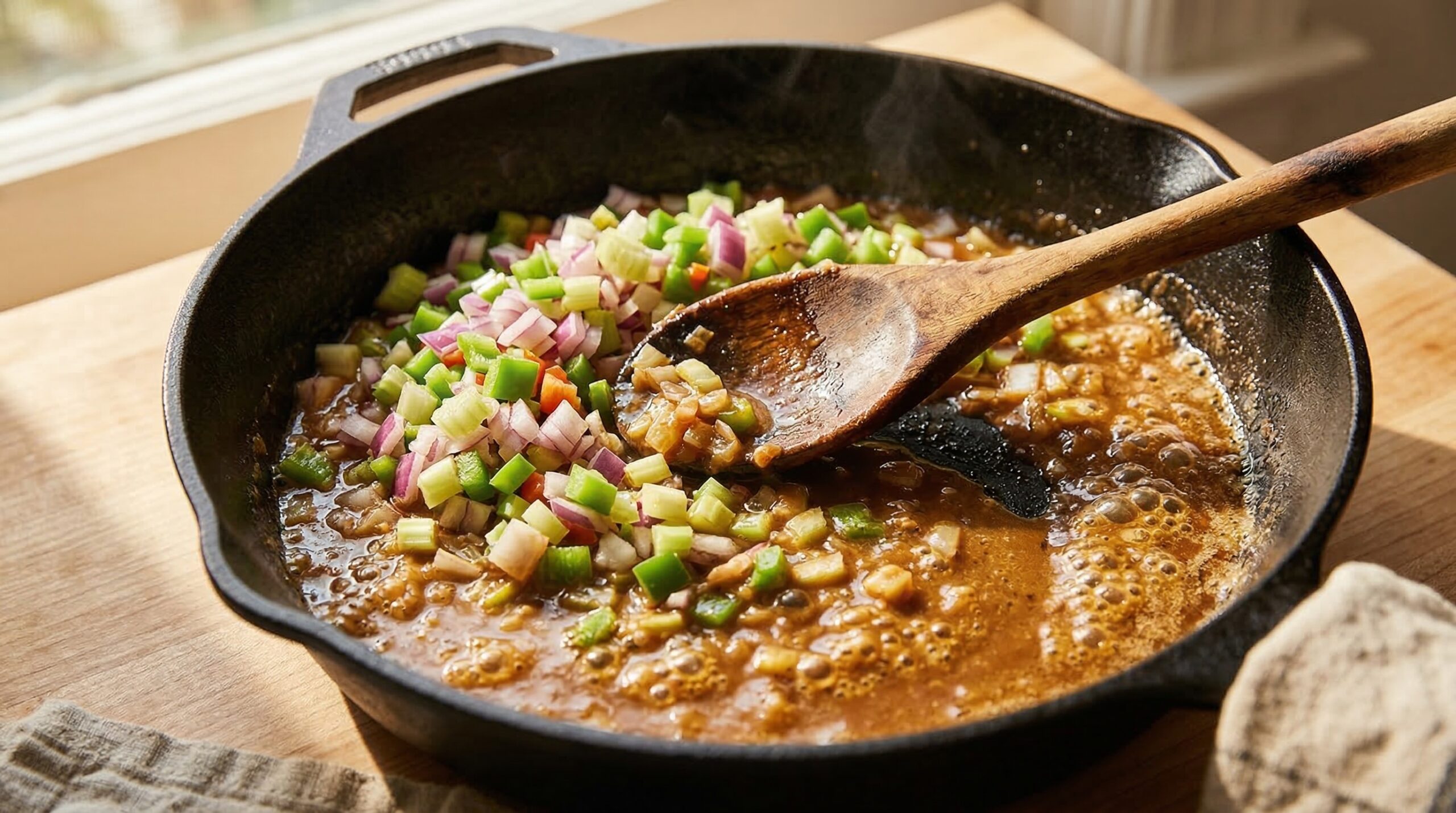 Copper roux and holy trinity aromatics being prepared for a Southern étouffée