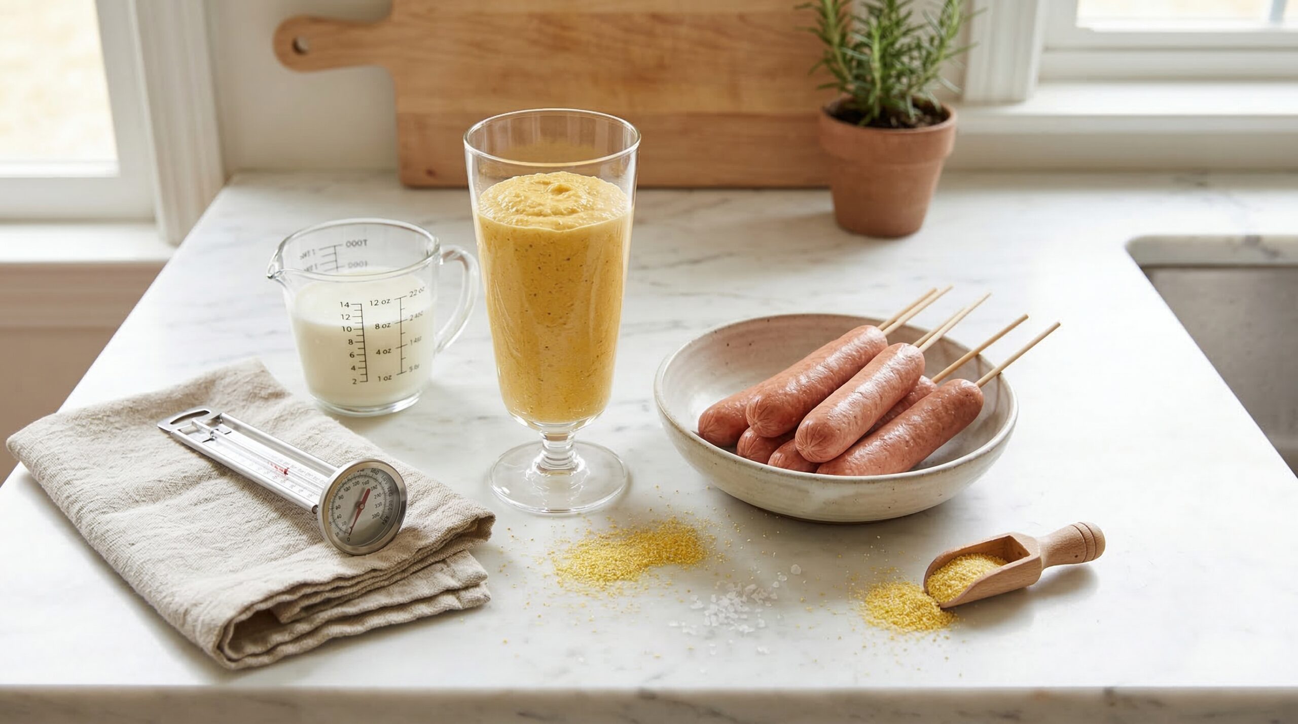 A tall glass filled with thick cornmeal batter next to a bowl of raw, skewered artisanal hot dogs on a marble kitchen island.