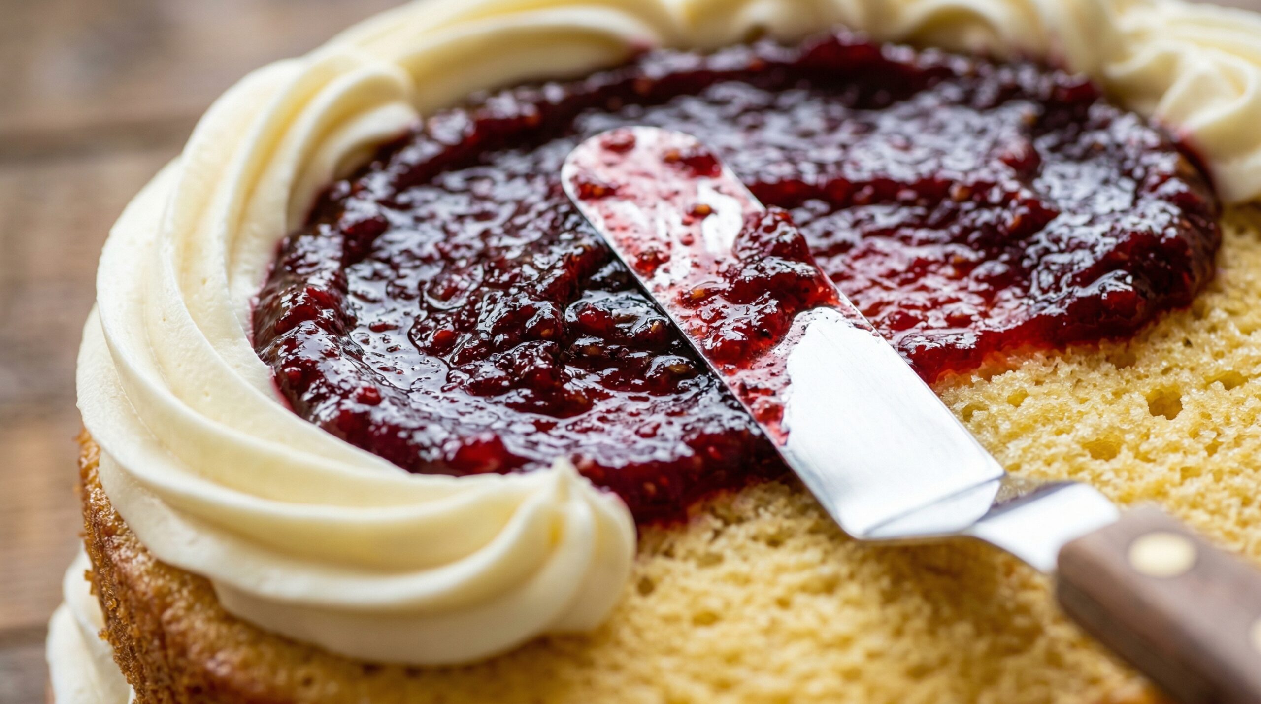 Macro detail of a silver offset spatula actively spreading a thick, dark ruby-red cranberry jam over a golden cake layer inside a border of cream cheese frosting