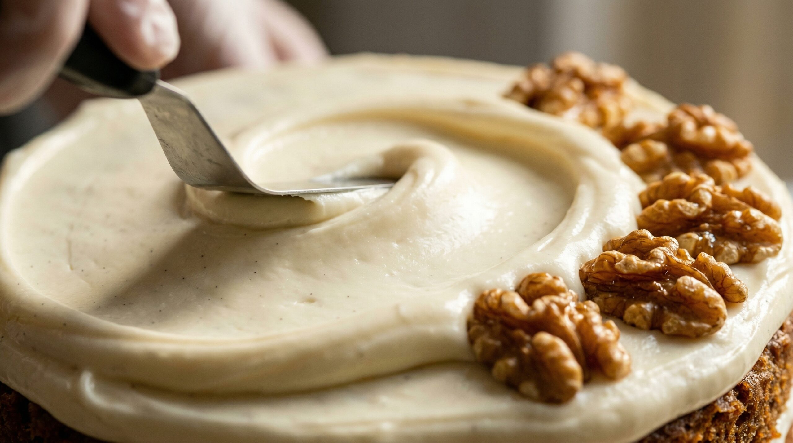 Macro detail of lusciously smooth cream cheese frosting swirls topped with toasted walnuts