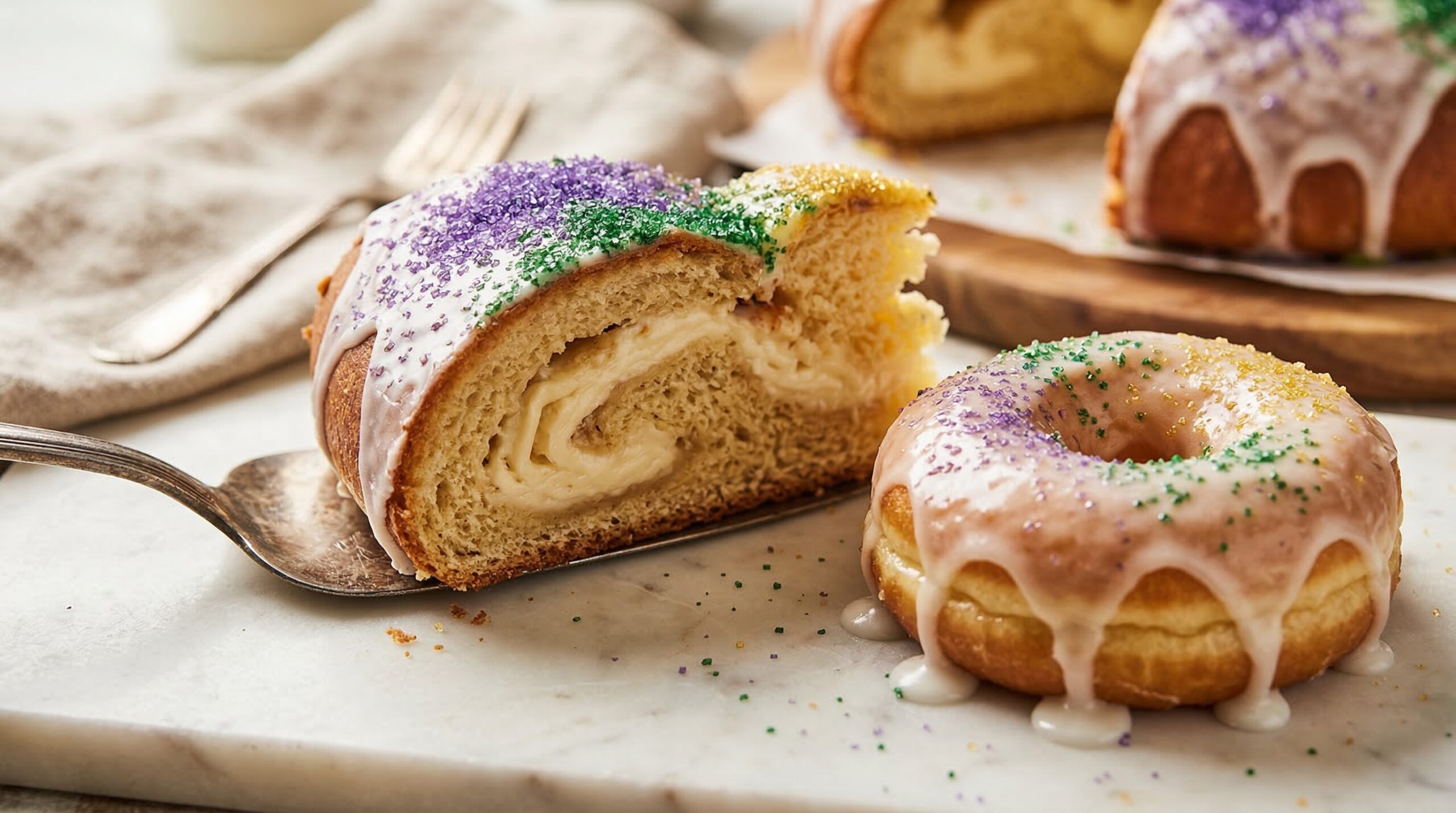 Macro detail of a slice of braided Mardi Gras bread and a glazed carnival donut