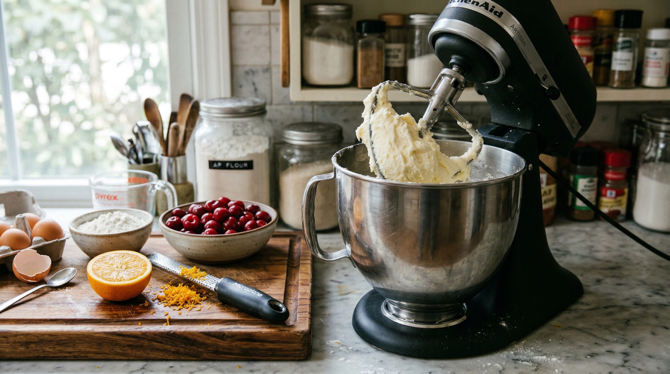 A heavy stainless steel stand mixer bowl creaming softened butter and granulated sugar into a pale, fluffy base