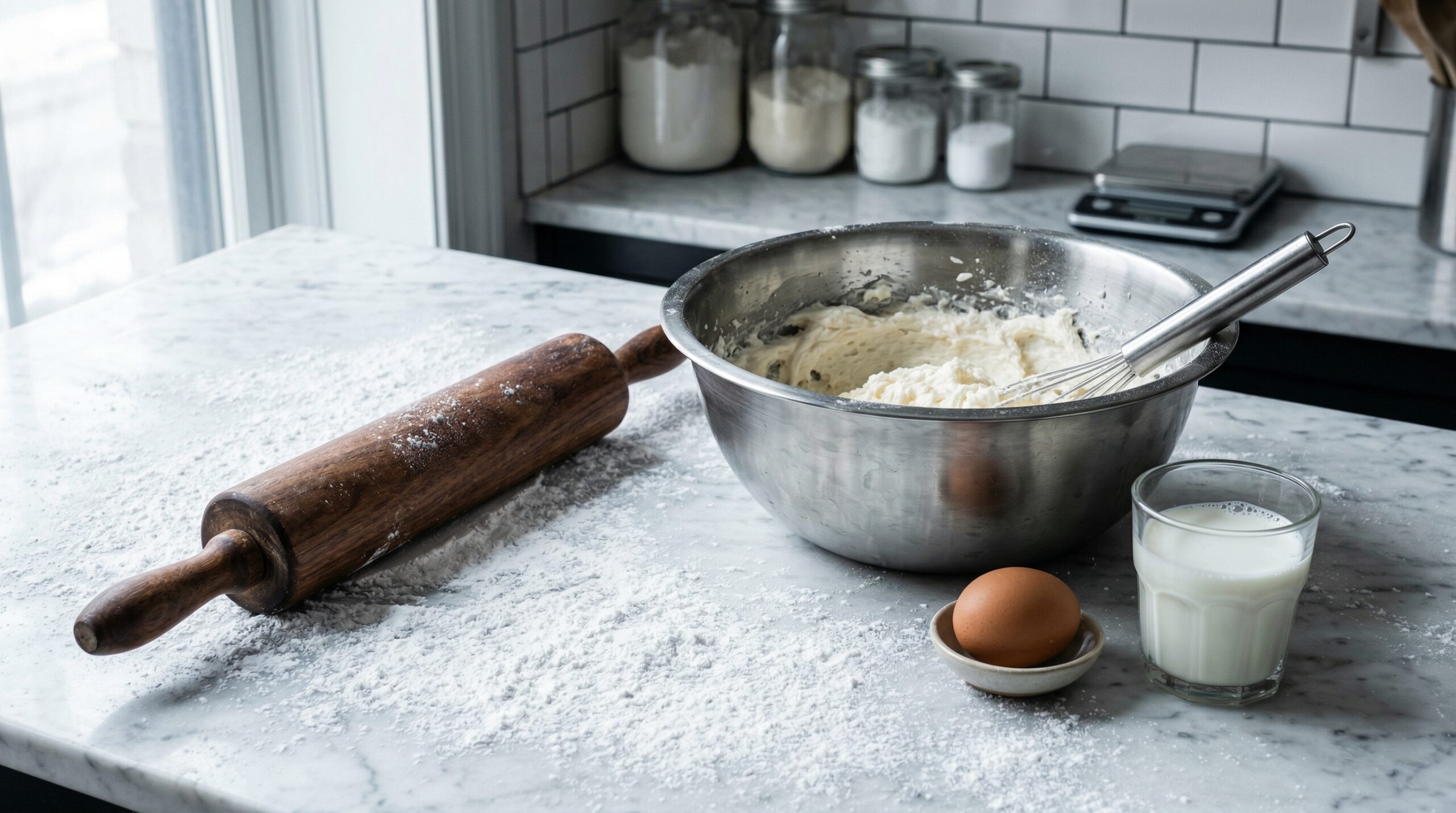 A heavy wooden rolling pin resting on a pristine marble counter dusted with confectioners' sugar next to a bowl of pale, aerated creamed butter