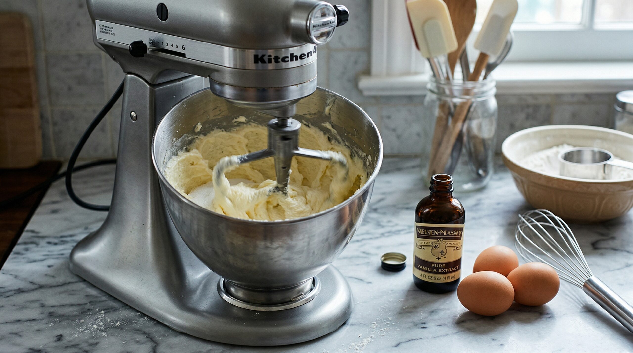 A heavy stainless steel stand mixer bowl actively creaming softened butter and granulated sugar into a pale, airy base