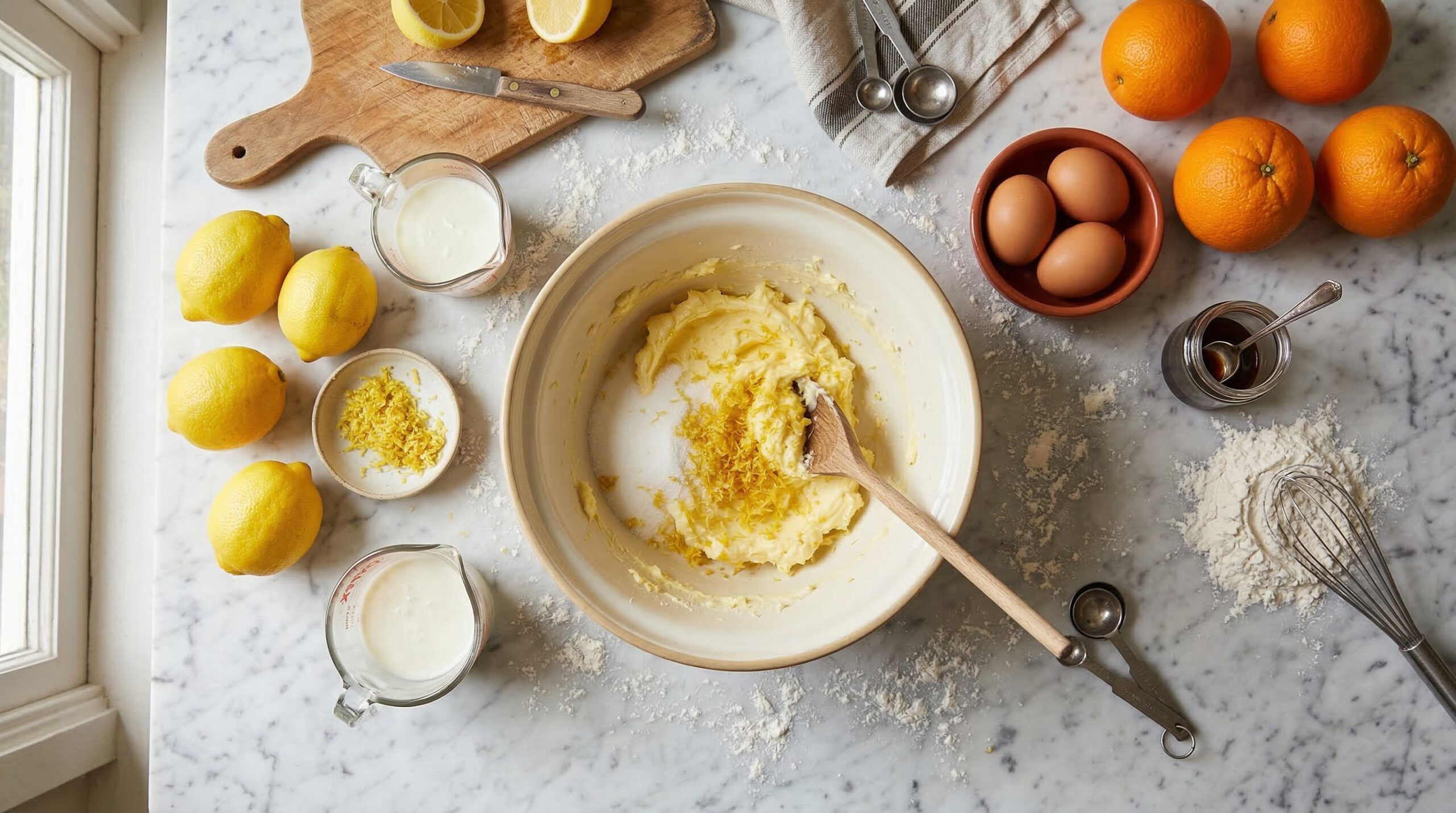 Bright yellow lemon zest being creamed into soft butter and sugar on white marble