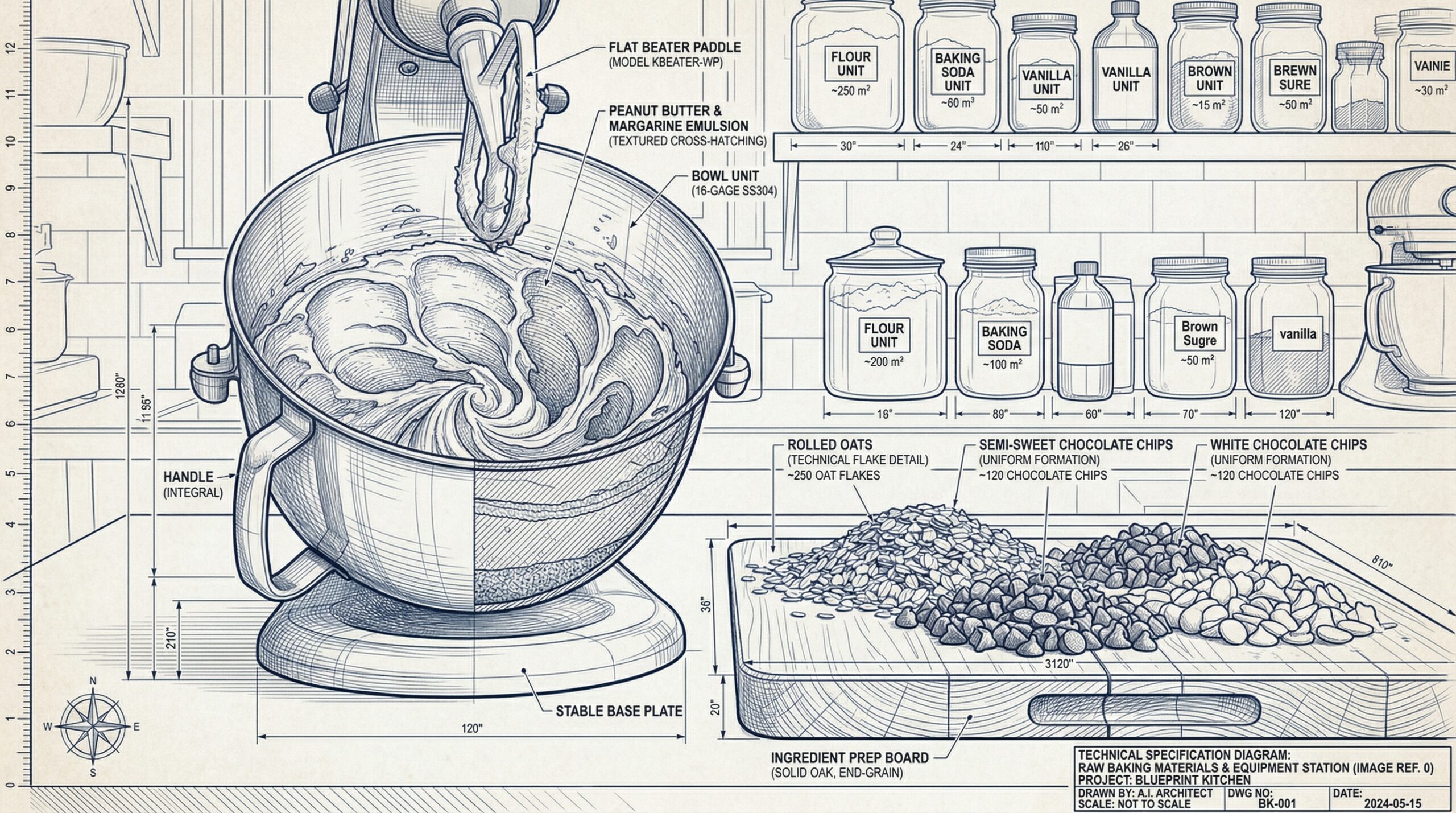 A heavy stainless steel stand mixer bowl filled with a fluffy, pale emulsion of peanut butter, margarine, and brown sugar resting on a pristine marble counter