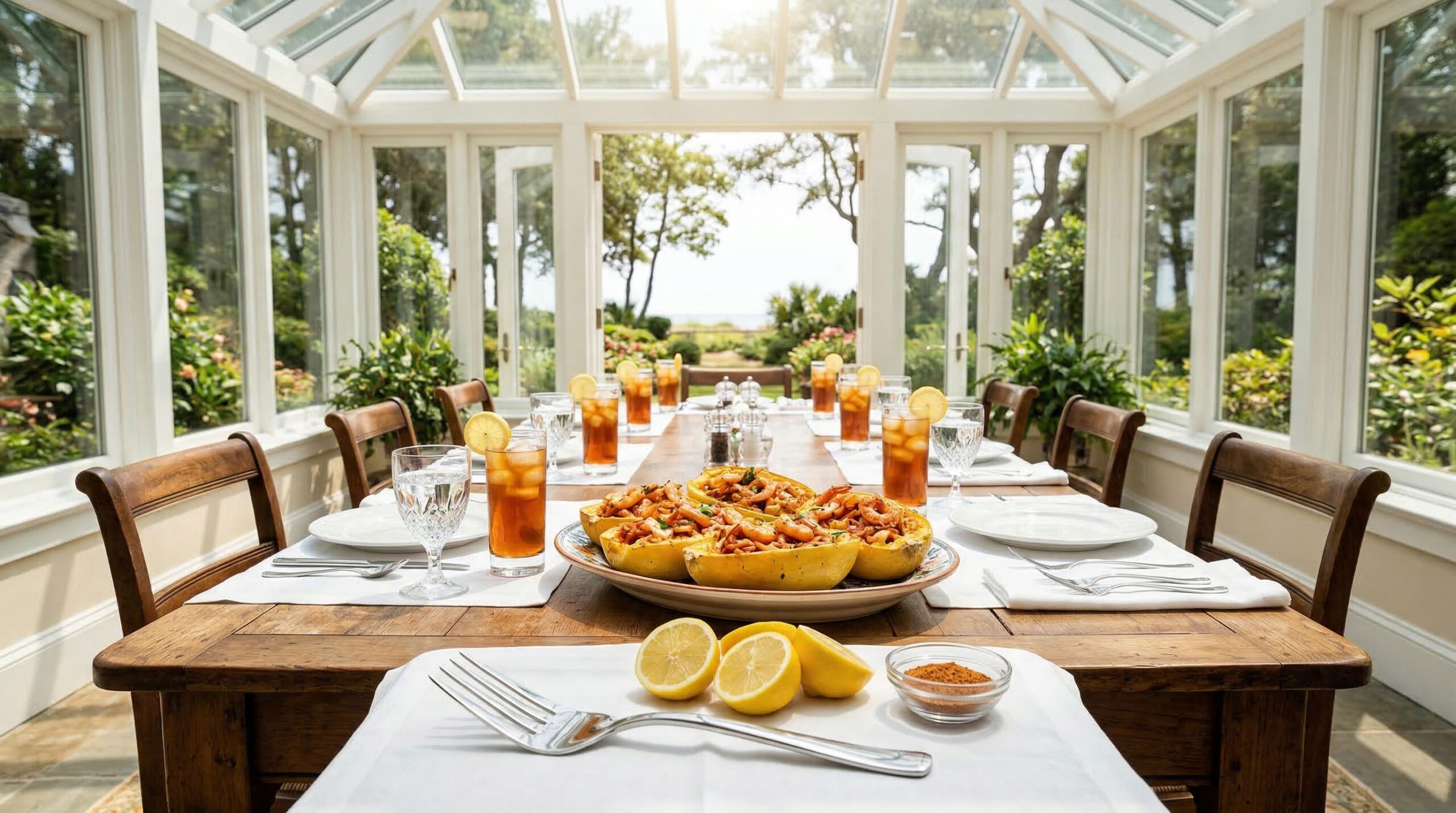Sun-drenched estate sunroom gathering for eight featuring roasted spaghetti squash boats and Creole shrimp