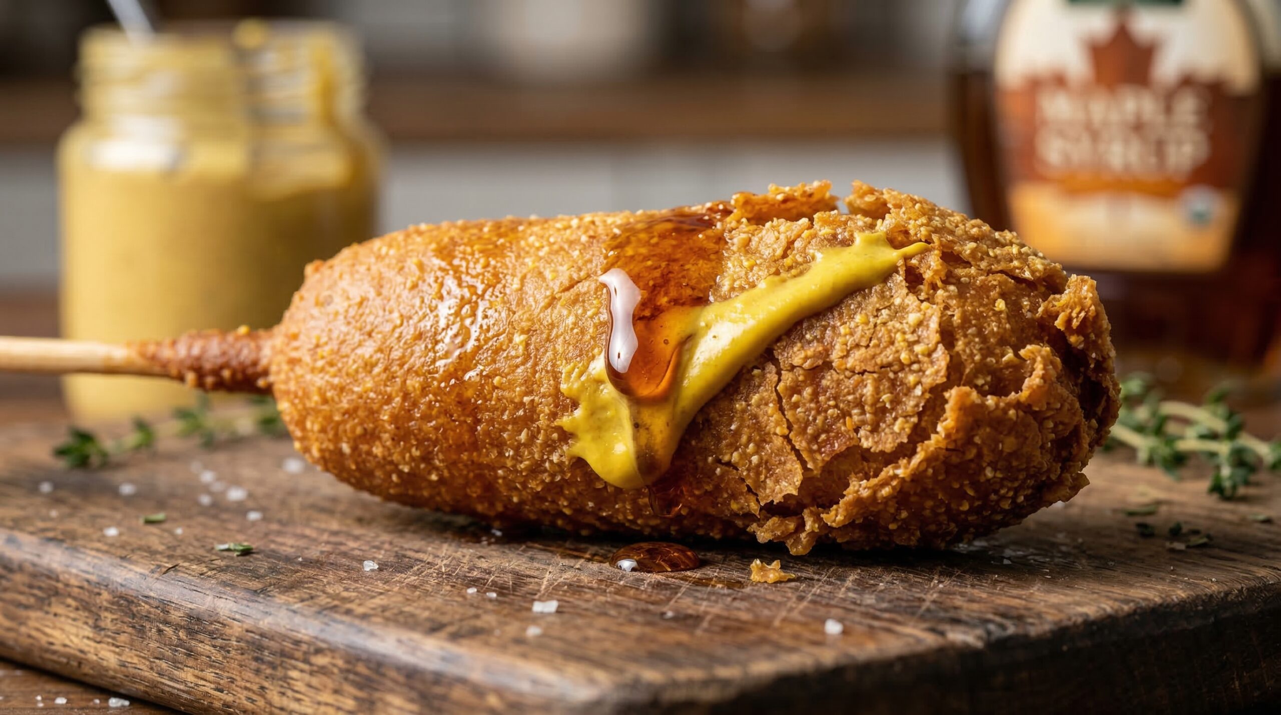 Macro close-up of a golden corn dog, freshly fried with a shattered, crispy texture, catching the light with a drop of maple syrup and mustard.