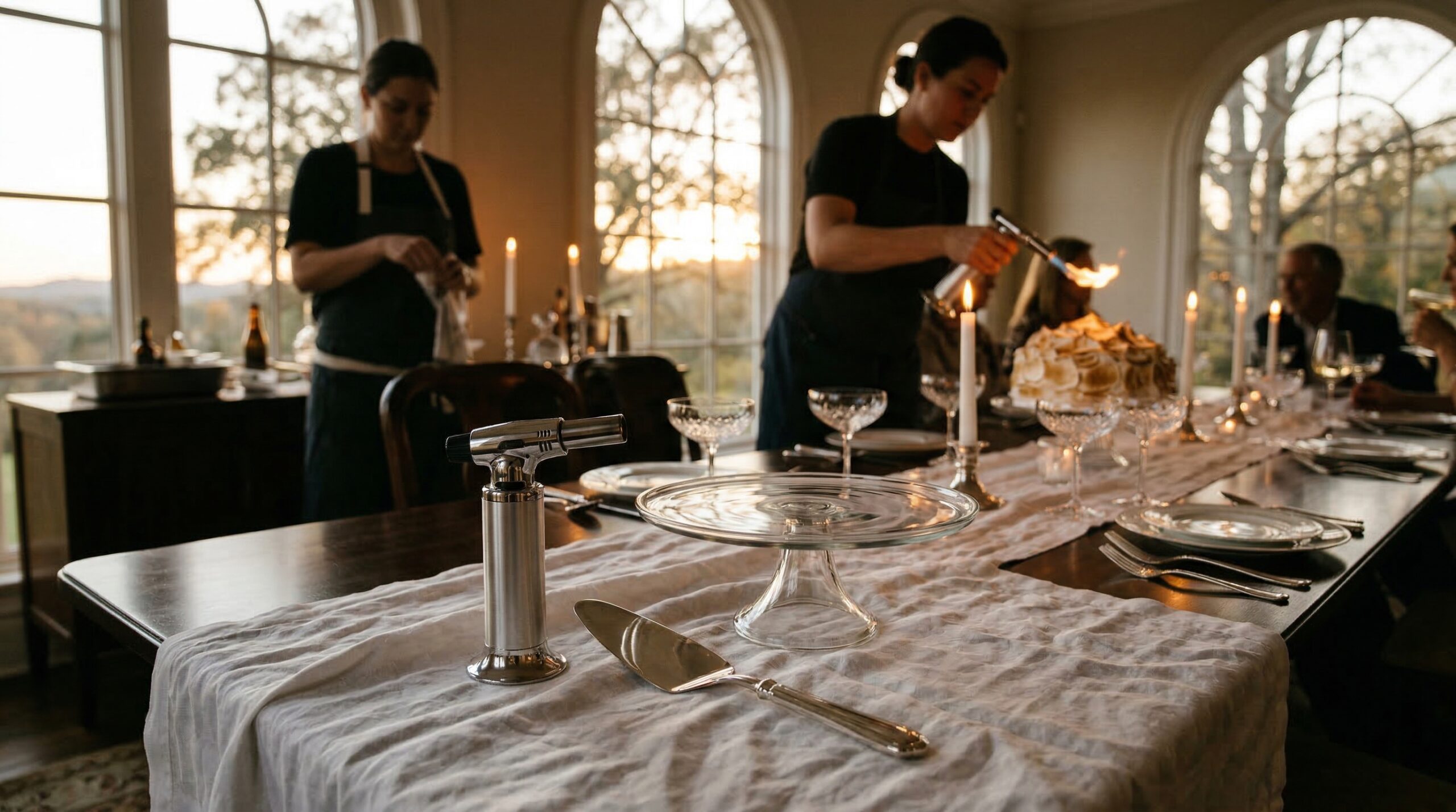 Sunset dessert service for eight featuring a culinary torch finishing meringue peaks under a warm golden glow