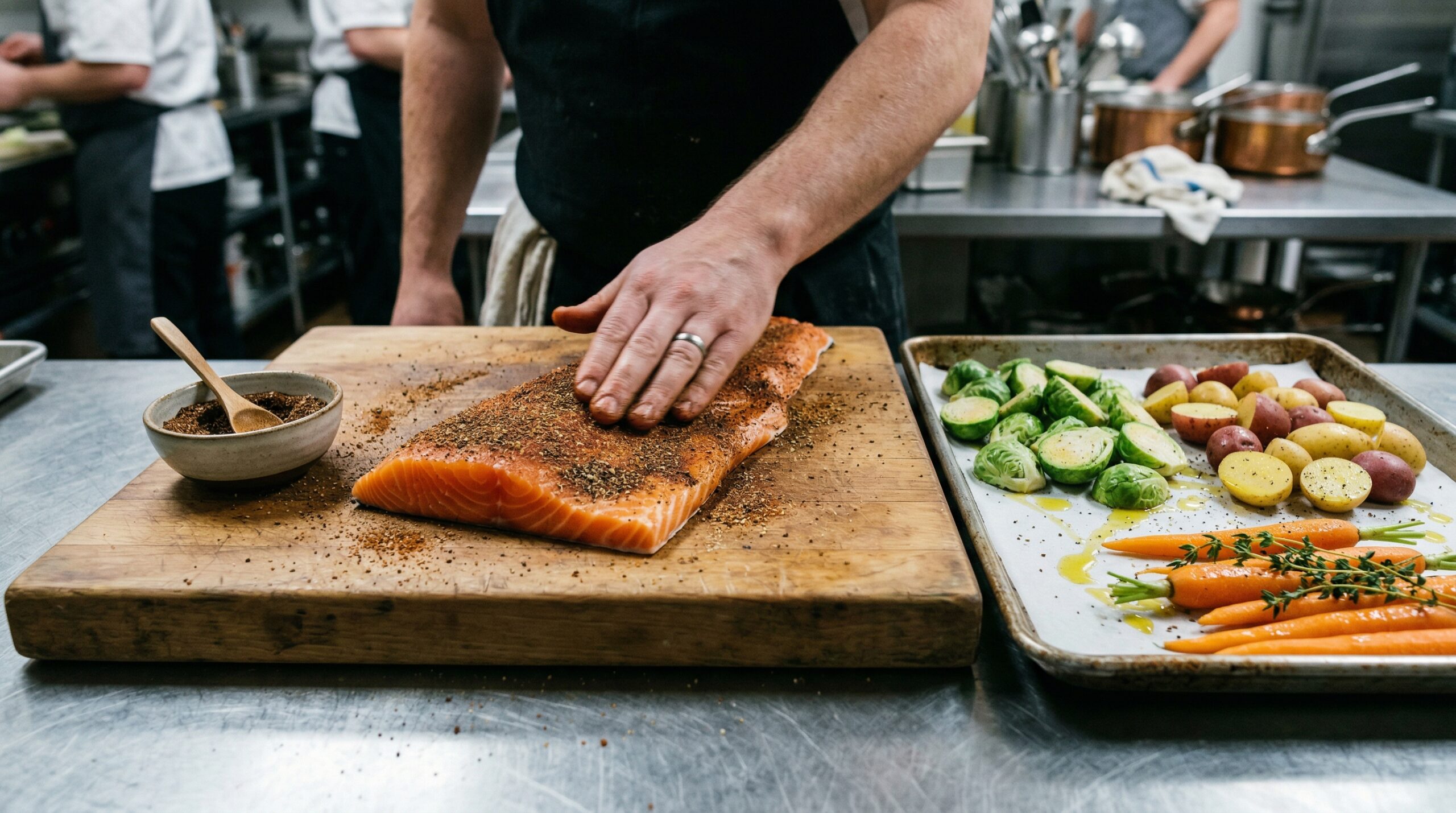 A large raw salmon fillet resting on a heavy wooden prep board, actively being rubbed with a dark blend of cumin and brown sugar, next to a baking sheet of oiled vegetables