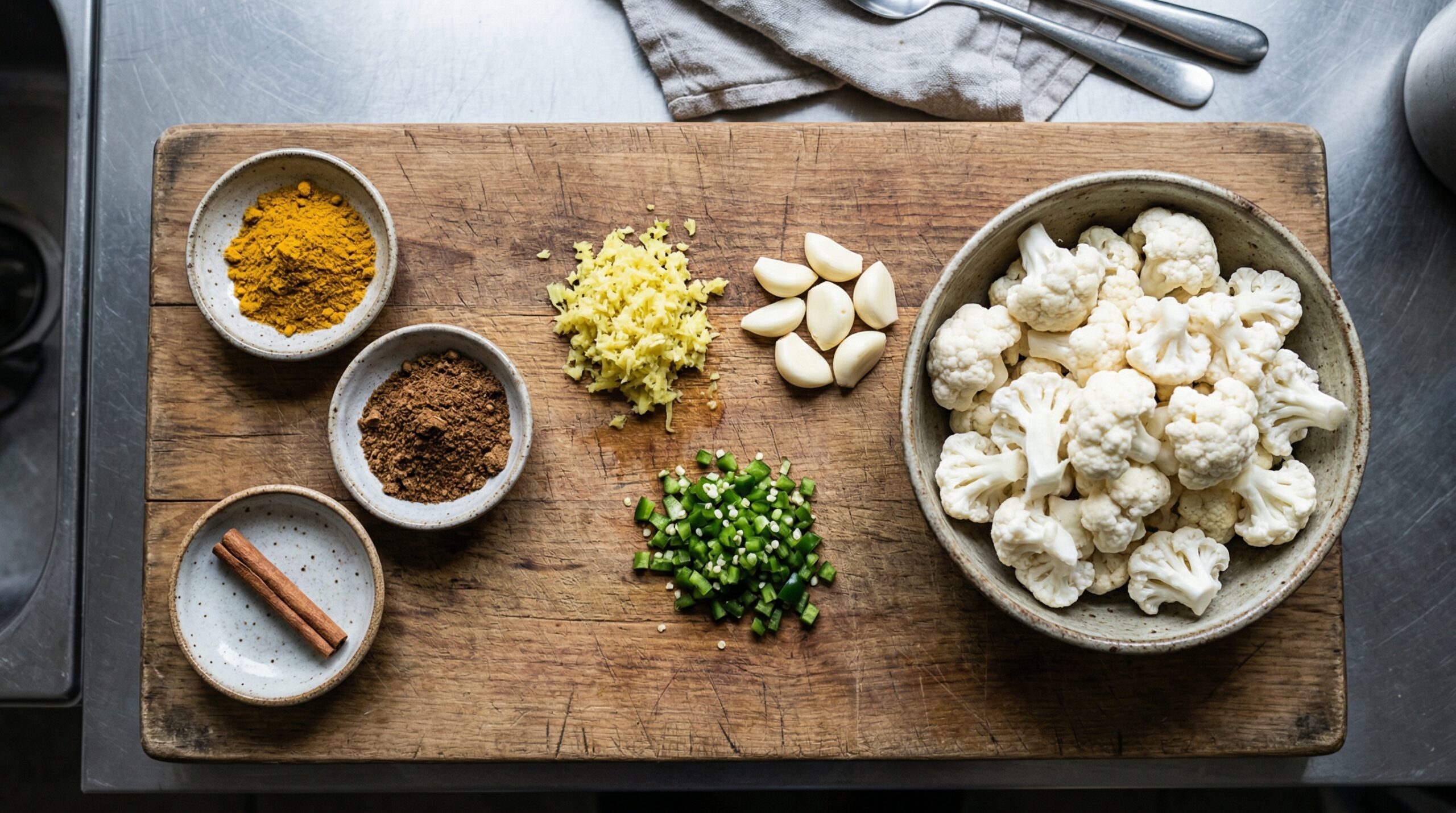 Small ceramic dishes holding vibrant yellow curry powder, dark garam masala, and a cinnamon stick next to fresh ginger and cauliflower