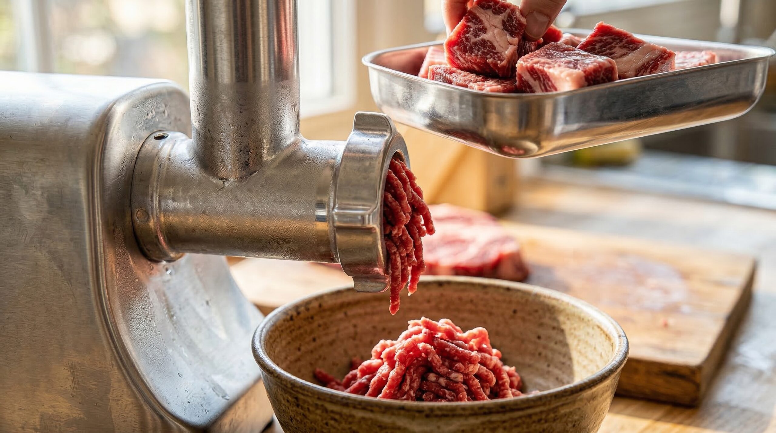 Cubed raw beef brisket being fed into a chilled stainless steel meat grinder