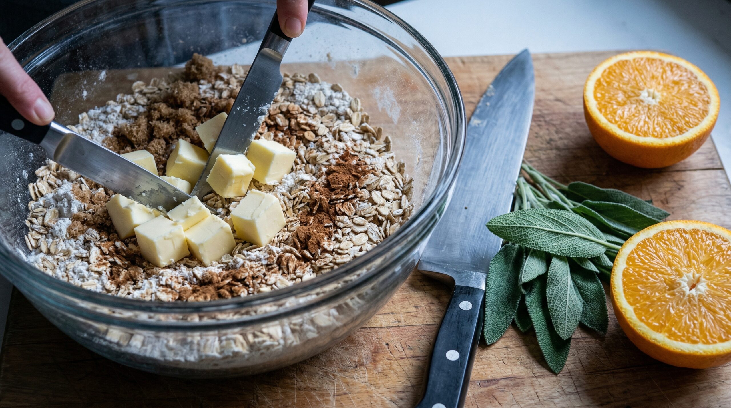 Cold cubes of butter being cut into a rustic mixture of rolled oats, flour, and brown sugar