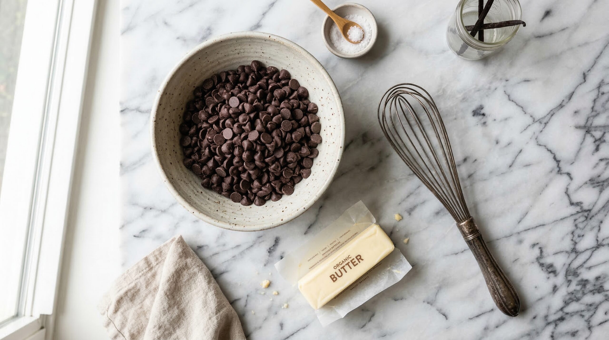 A heavy ceramic prep bowl filled with premium dark chocolate chips and a vintage silver whisk