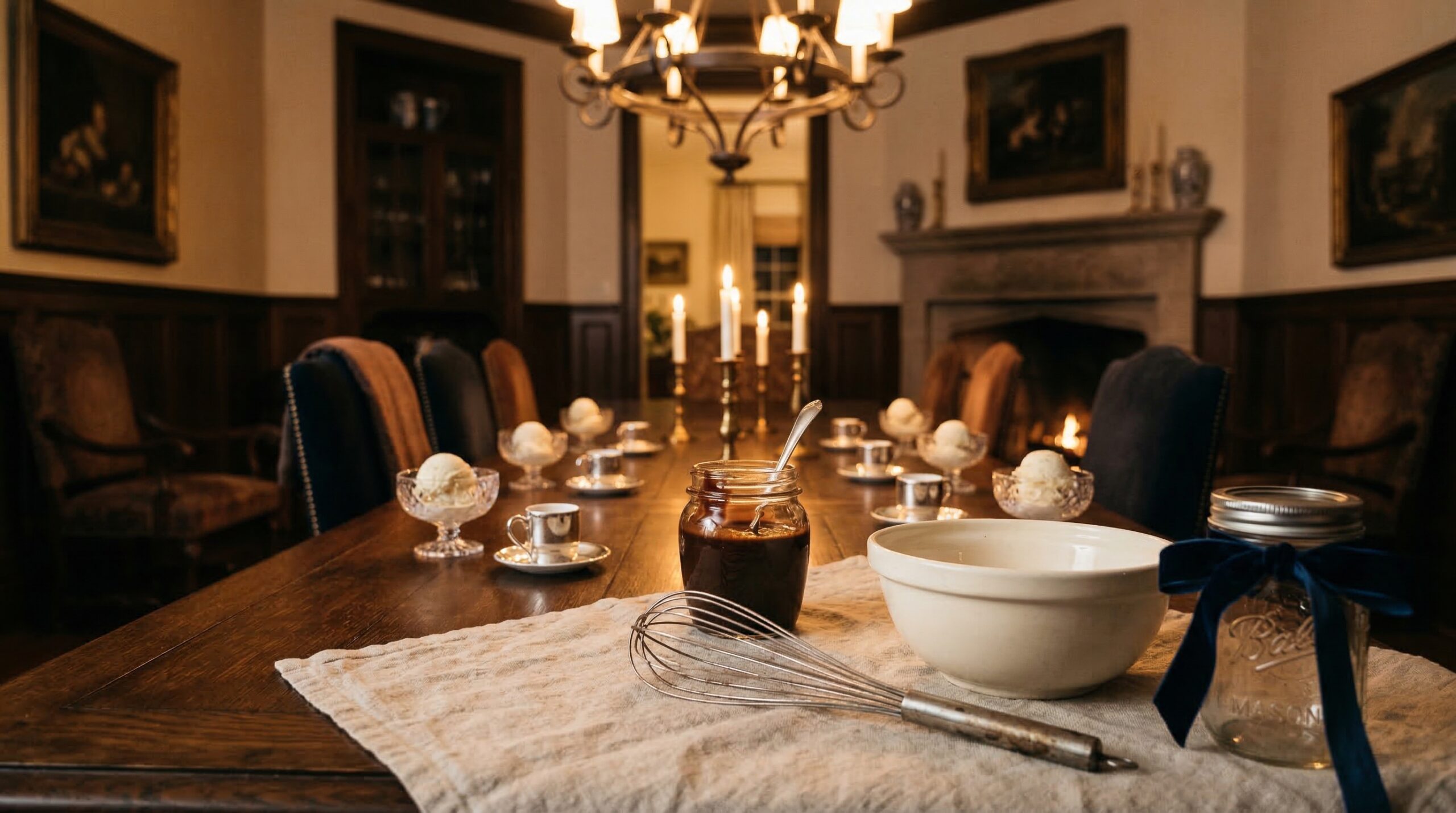 Cozy evening estate dessert service for eight featuring dark chocolate fudge sauce and espresso