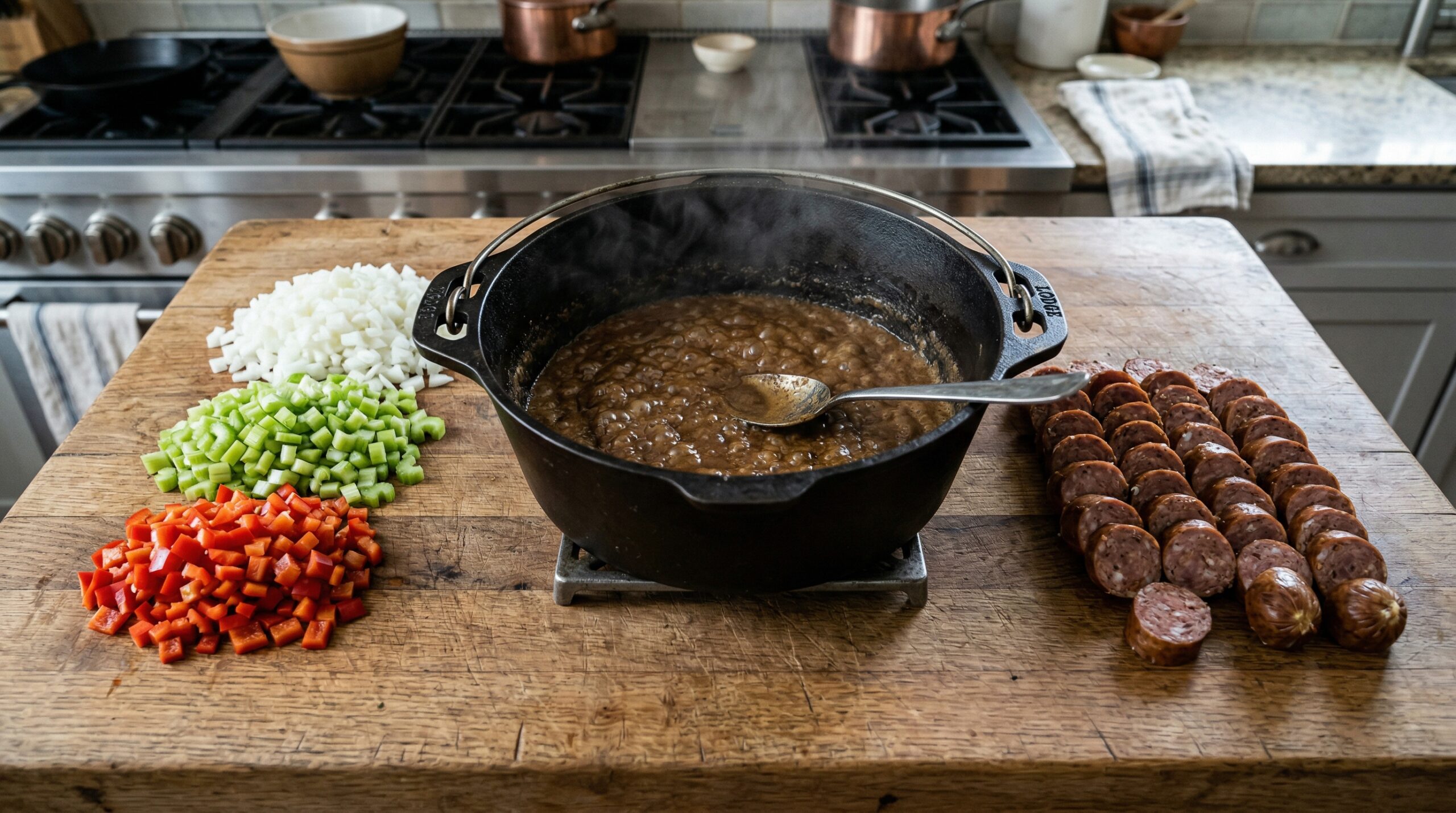 A bubbling, dark mustard-colored flour and oil roux inside a heavy cast-iron Dutch oven, resting next to perfectly diced white onions, celery, and red bell peppers