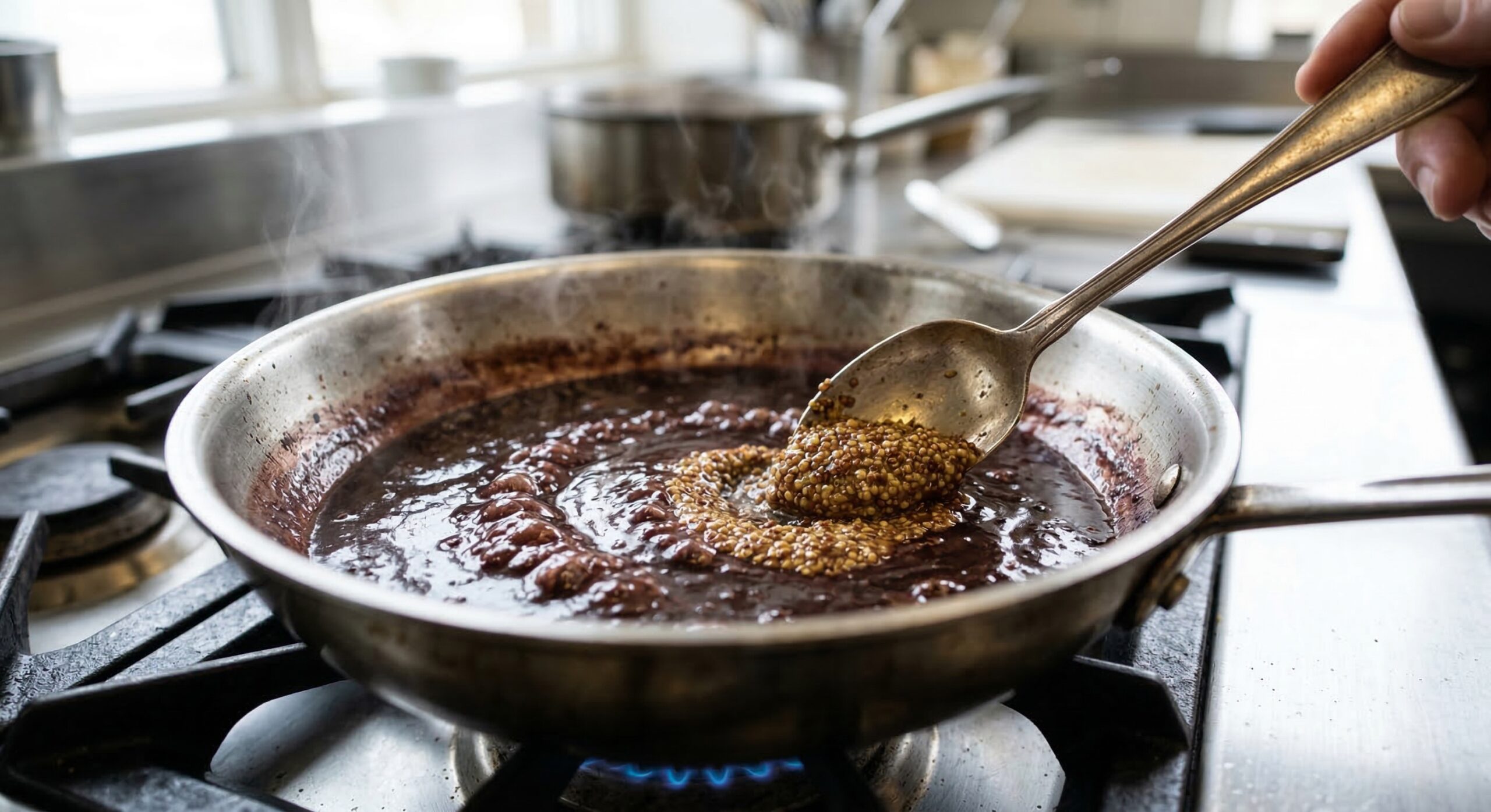 Whisking mustard into a wine reduction to thicken a pan sauce