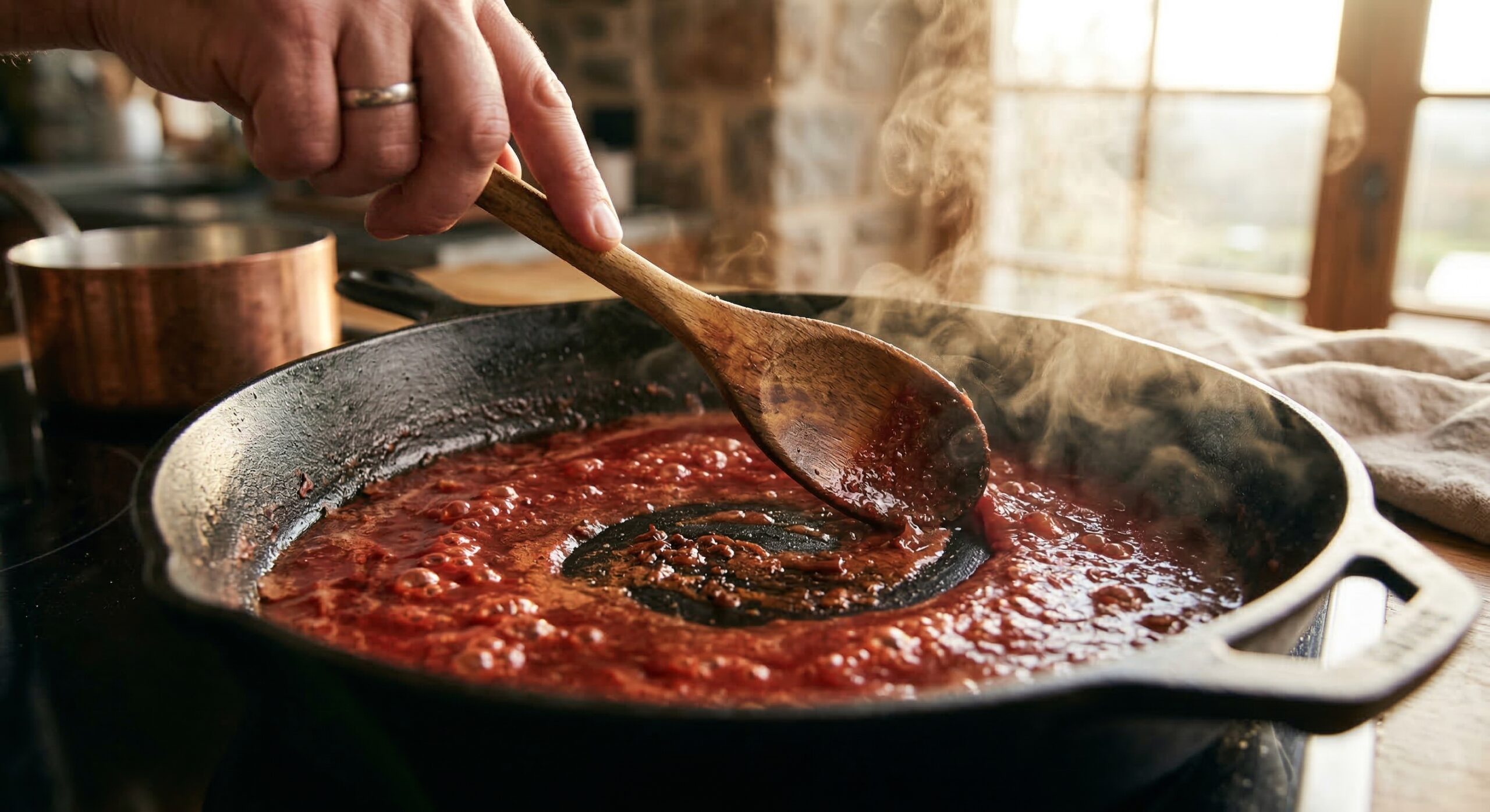 A chef deglazing a hot cast-iron skillet with red wine to create a rich pan sauce reduction for braised chicken thighs.