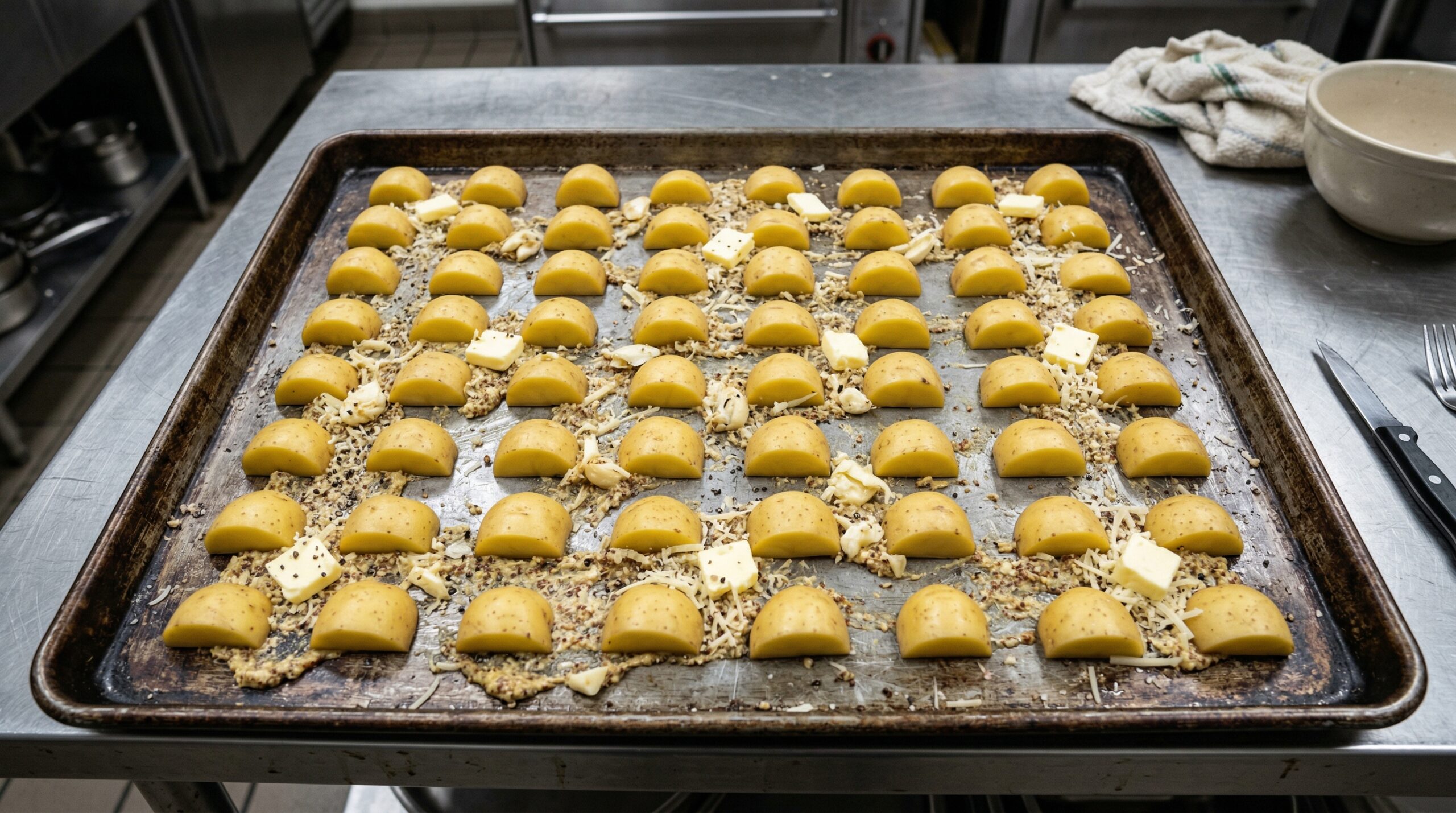 Halved raw baby potatoes arranged flat-side down on a metal baking sheet smeared with a compound of Dijon mustard, grated Parmesan, and butter