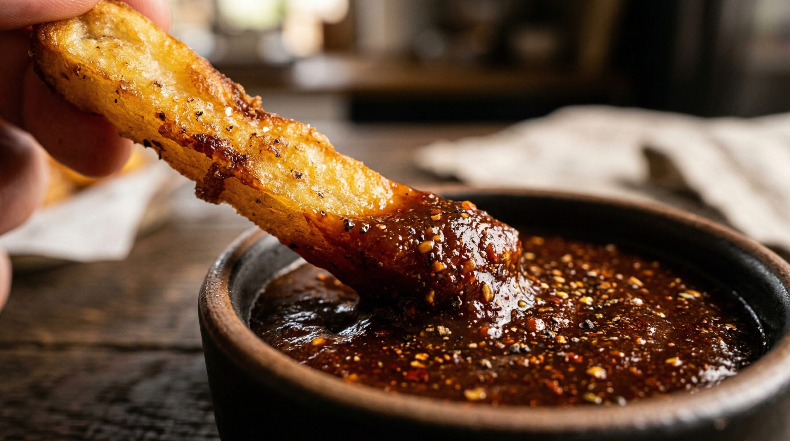 Macro detail of a rigid duck fat fry being dipped into mahogany-colored spiced ketchup