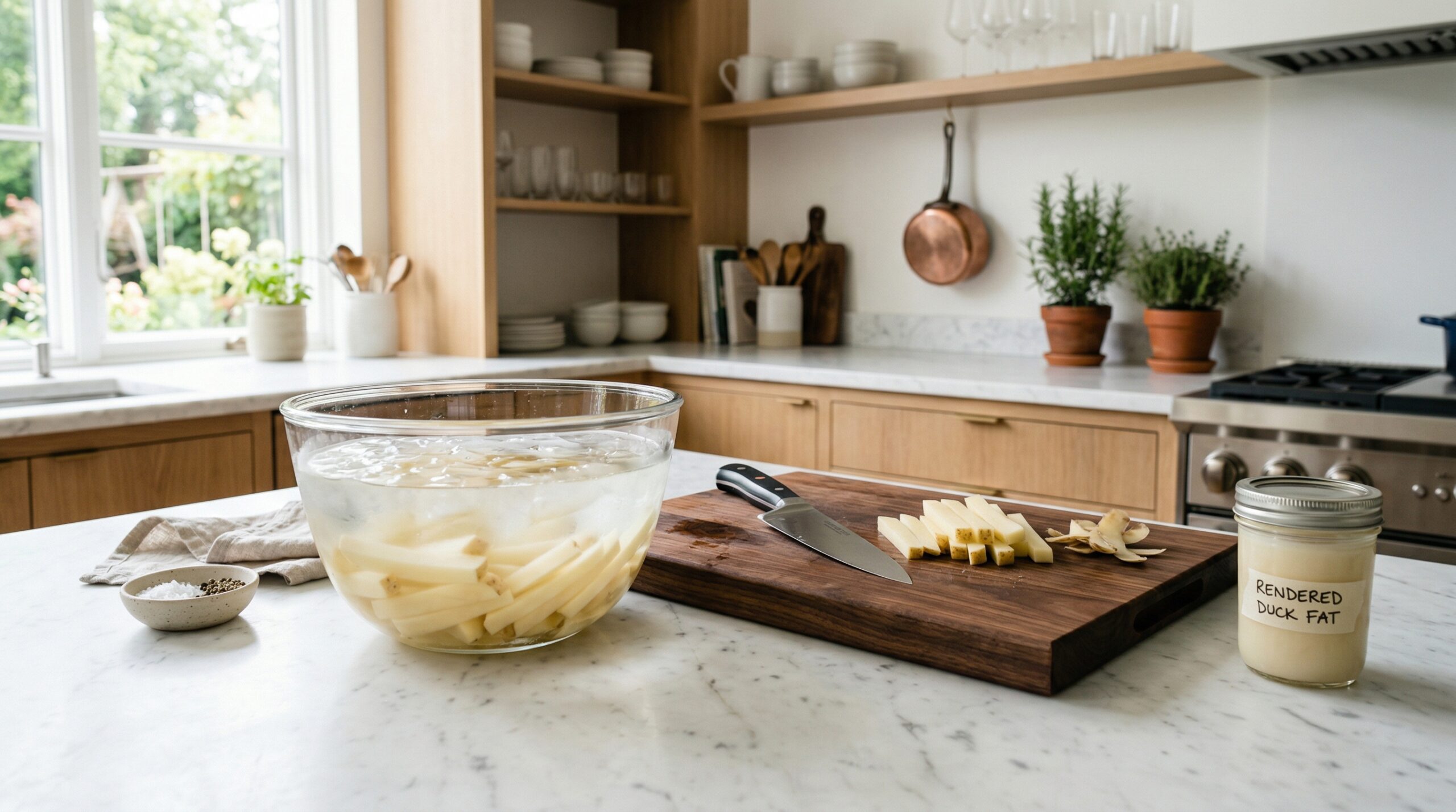 Potatoes soaking in cold water to remove starch next to a jar of duck fat