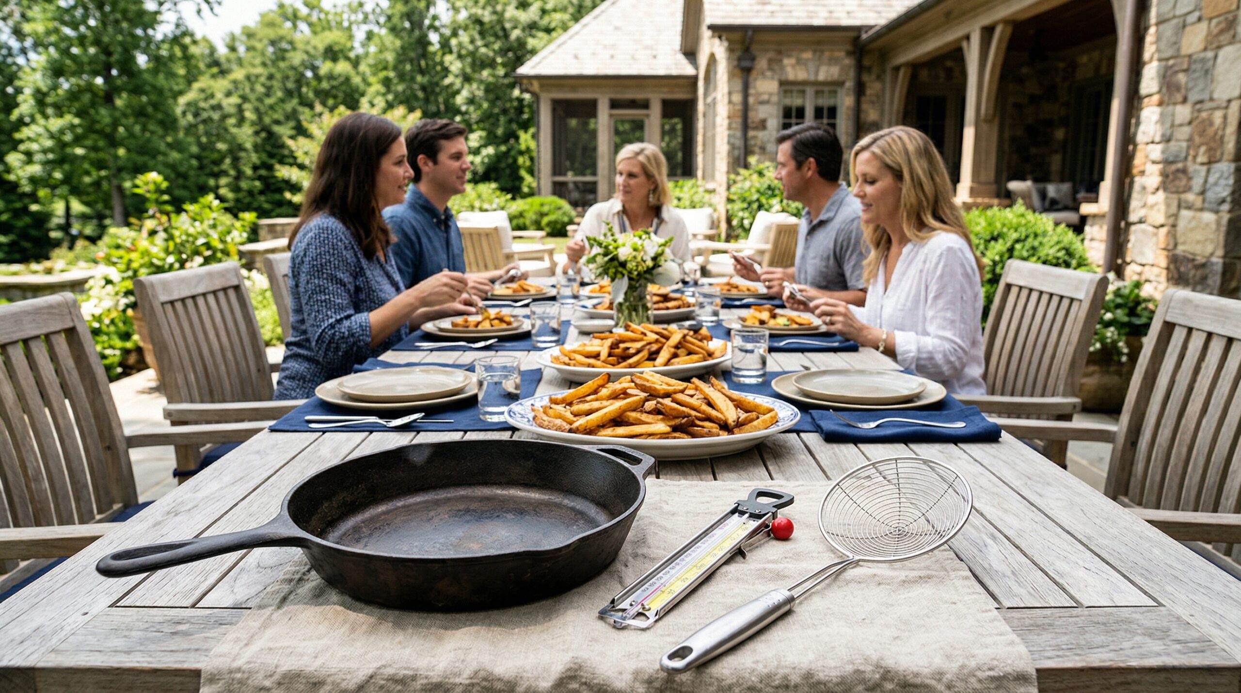 Abundant duck fat fry service for eight on a sun-drenched estate terrace