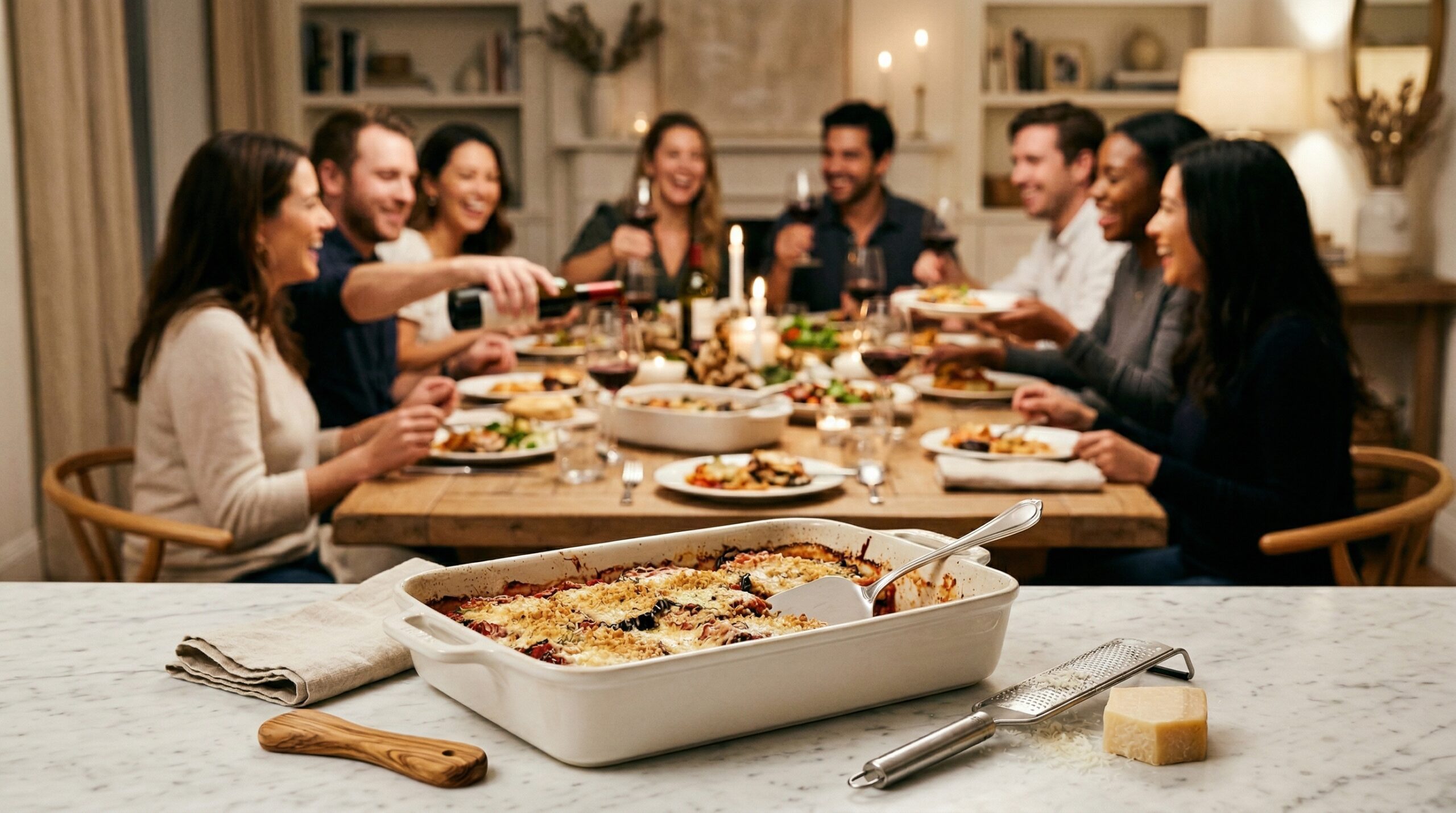 A heavy rectangular Gracious Linen ceramic baking dish, silver spatula, and cheese grater in sharp focus in the foreground, with an elegant dinner party blurred in the background