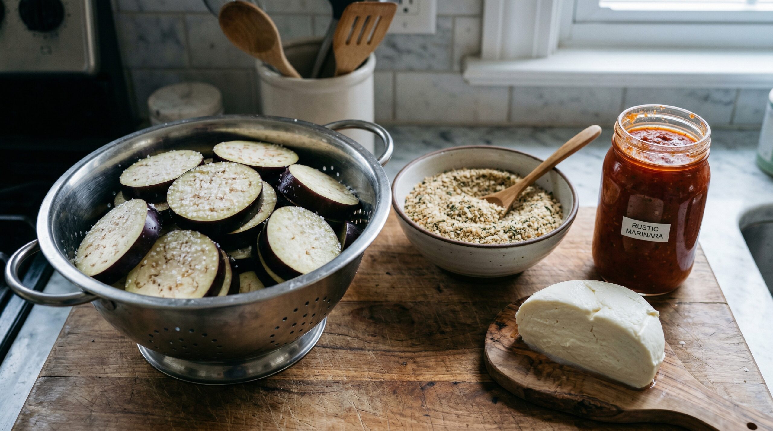 Thickly sliced raw eggplant rounds resting inside a stainless steel colander, heavily sprinkled with coarse kosher salt