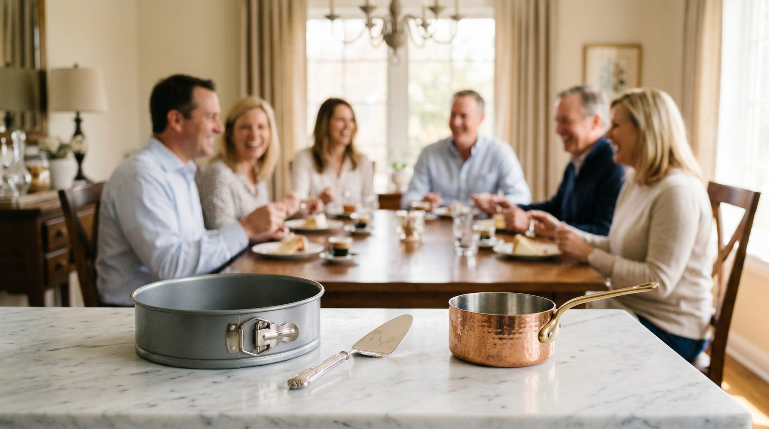 A 9-inch metal springform pan, a polished silver pastry server, and a small copper saucepan in sharp focus in the foreground, with an elegant afternoon gathering blurred in the background