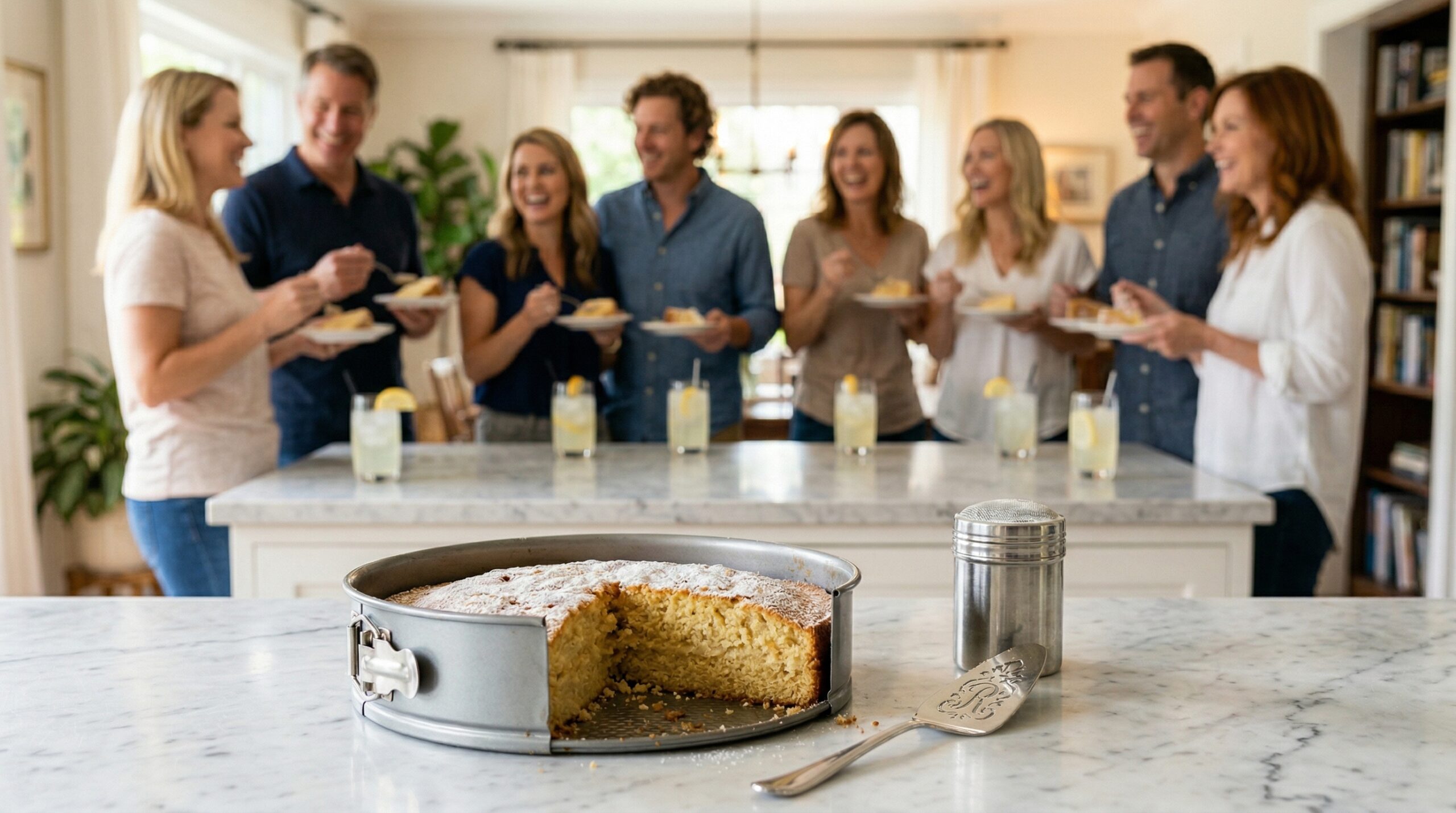 A 9-inch metal springform pan, a polished silver cake server, and a fine-mesh sugar shaker in sharp focus in the foreground, with an elegant afternoon gathering blurred in the background
