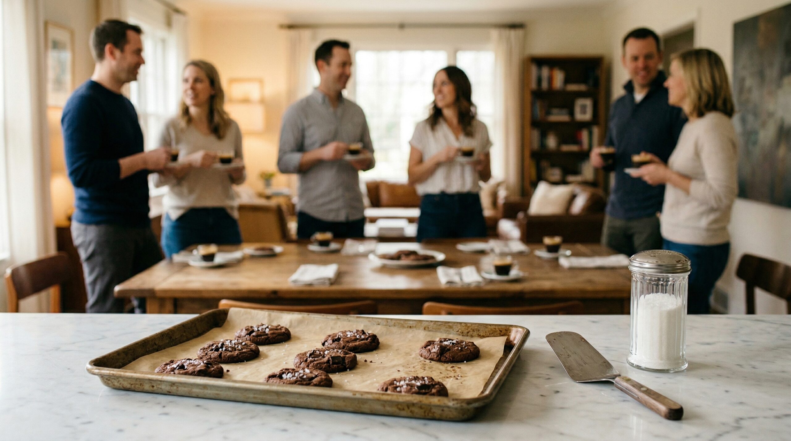 A heavy metal baking sheet with freshly baked dark chocolate cookies and a silver pastry spatula in sharp focus in the foreground, with an elegant afternoon gathering blurred in the background