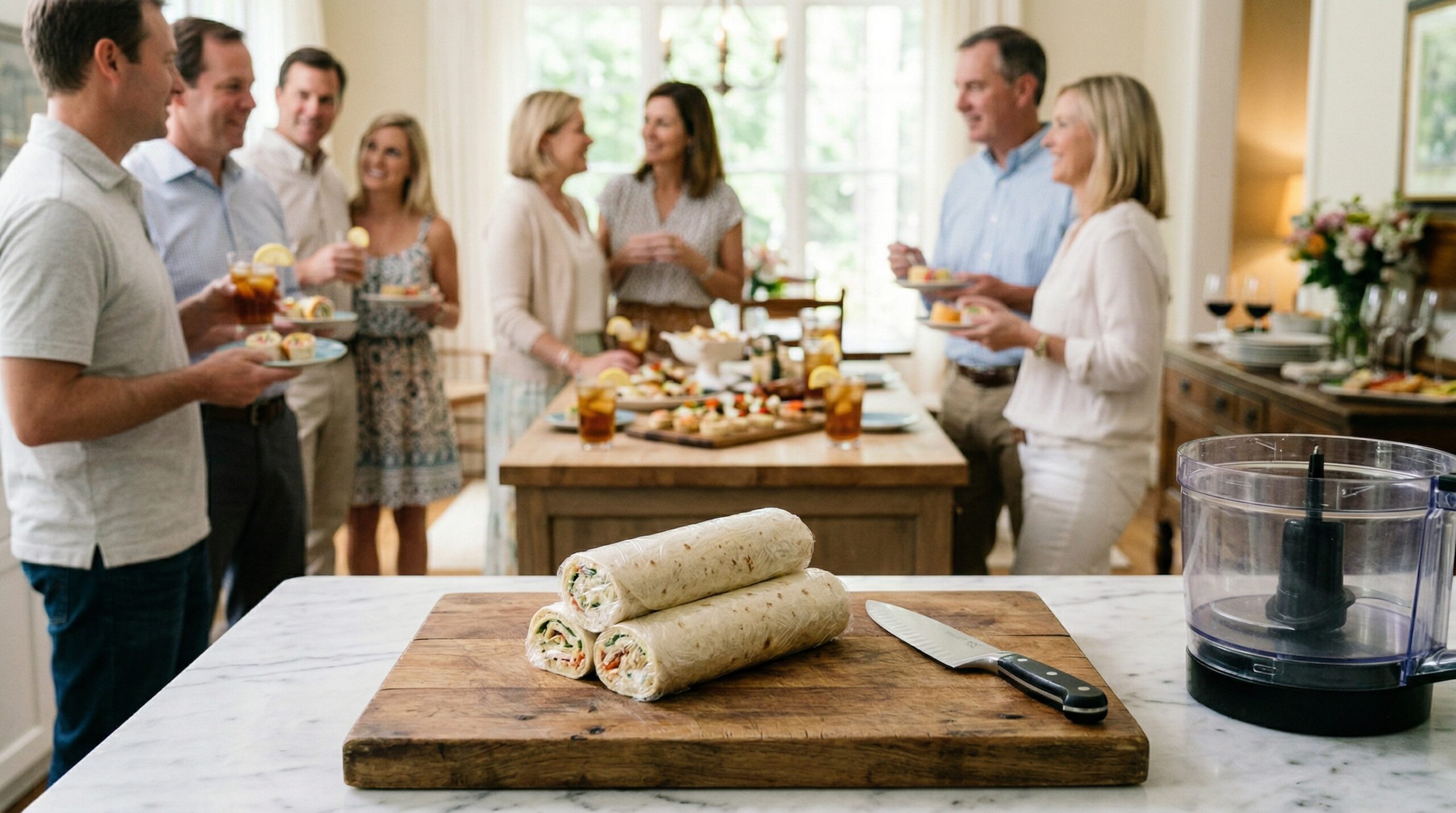 A heavy wooden cutting board holding three uncut, tightly wrapped tortilla cylinders in plastic wrap and a professional chef's knife in sharp focus, with an elegant afternoon luncheon blurred in the background