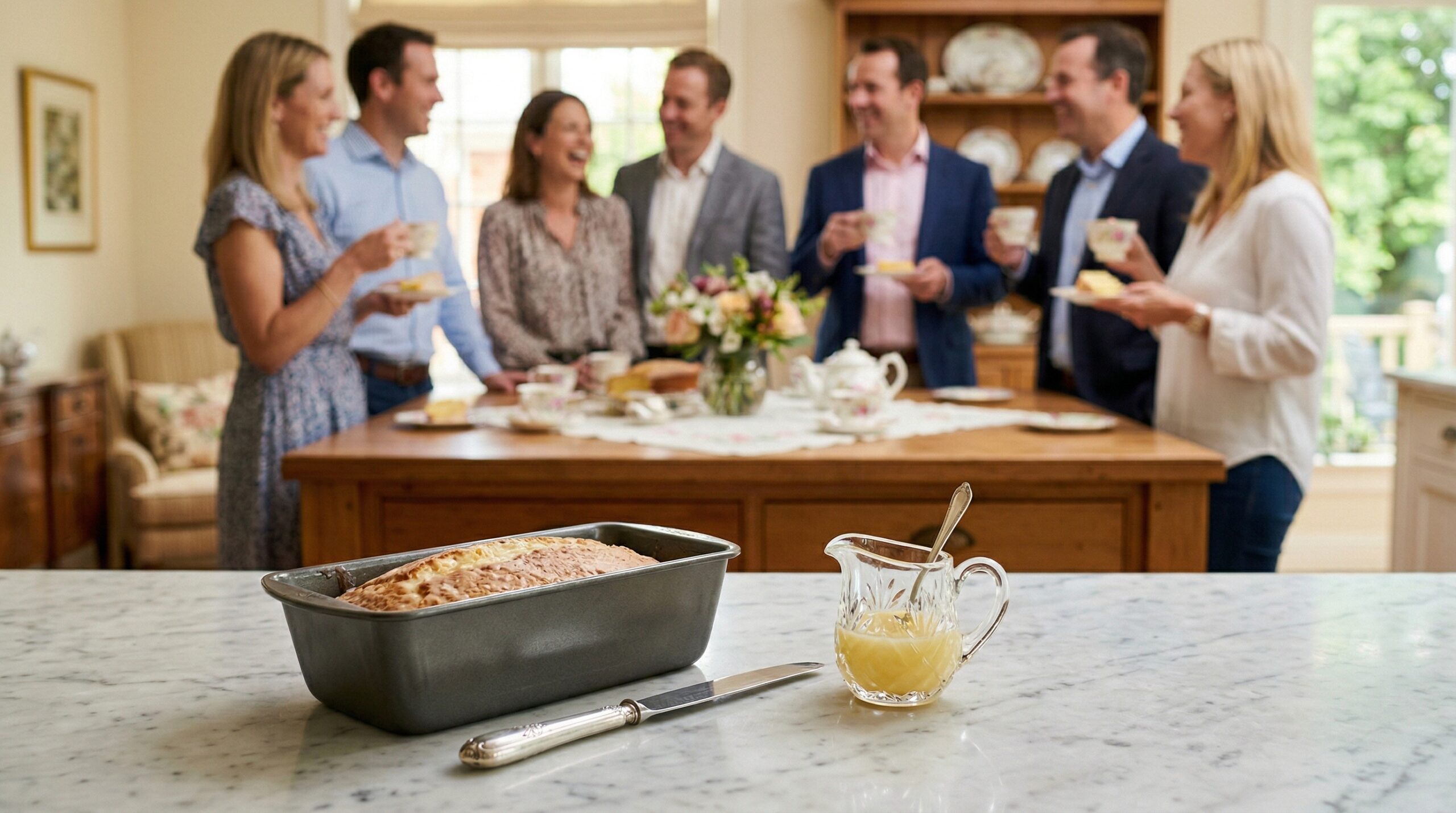 A heavy metal loaf pan, a polished silver pastry knife, and a small crystal pitcher in sharp focus in the foreground, with an elegant afternoon tea gathering blurred in the background
