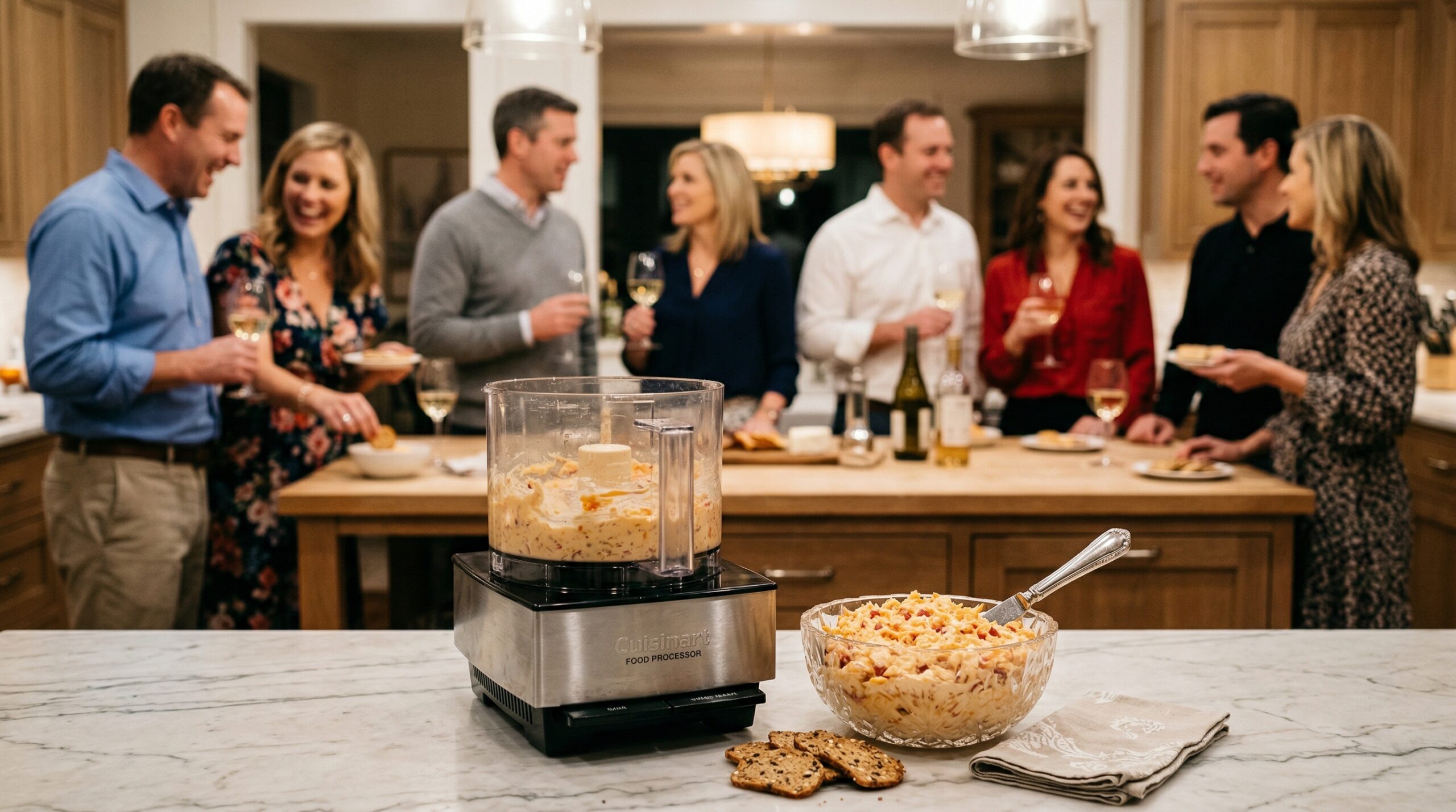 A high-capacity food processor bowl, a professional silver serving spreader, and a crystal bowl of pimento cheese dip in sharp focus in the foreground, with an elegant cocktail hour gathering blurred in the background