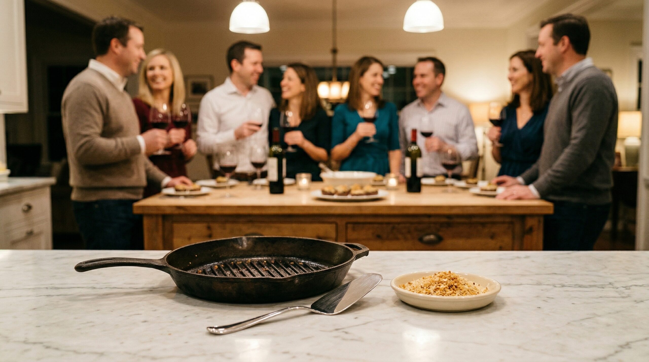 A heavy cast-iron grill pan, silver serving spatula, and toasted Panko breadcrumbs in sharp focus in the foreground, with an elegant evening gathering of four couples blurred in the background