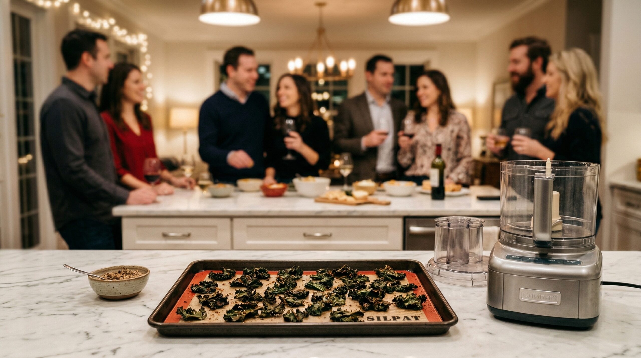A heavy metal baking sheet lined with a silicone mat and a food processor bowl in sharp focus in the foreground, with an elegant cocktail party gathering blurred in the background