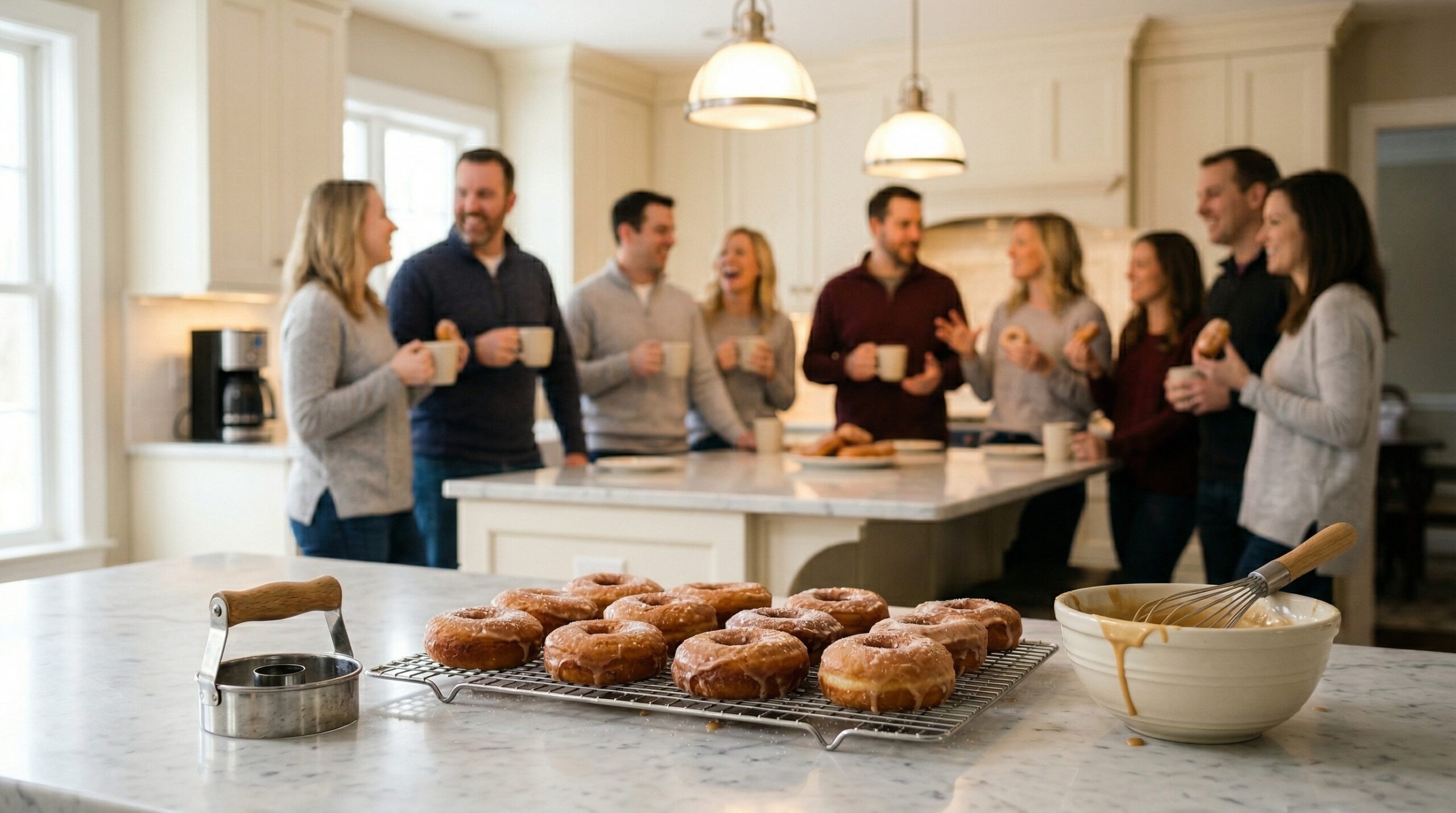 A wire cooling rack holding freshly fried donuts, a stainless steel donut cutter, and a silver whisk in sharp focus in the foreground, with an elegant morning kitchen gathering blurred in the background