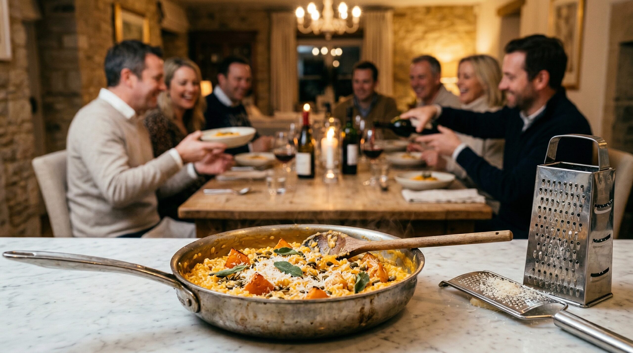 A heavy stainless steel skillet holding pumpkin risotto, a wooden stirring spoon, and a cheese grater in sharp focus in the foreground, with an elegant softly lit dining room gathering of four couples blurred in the background