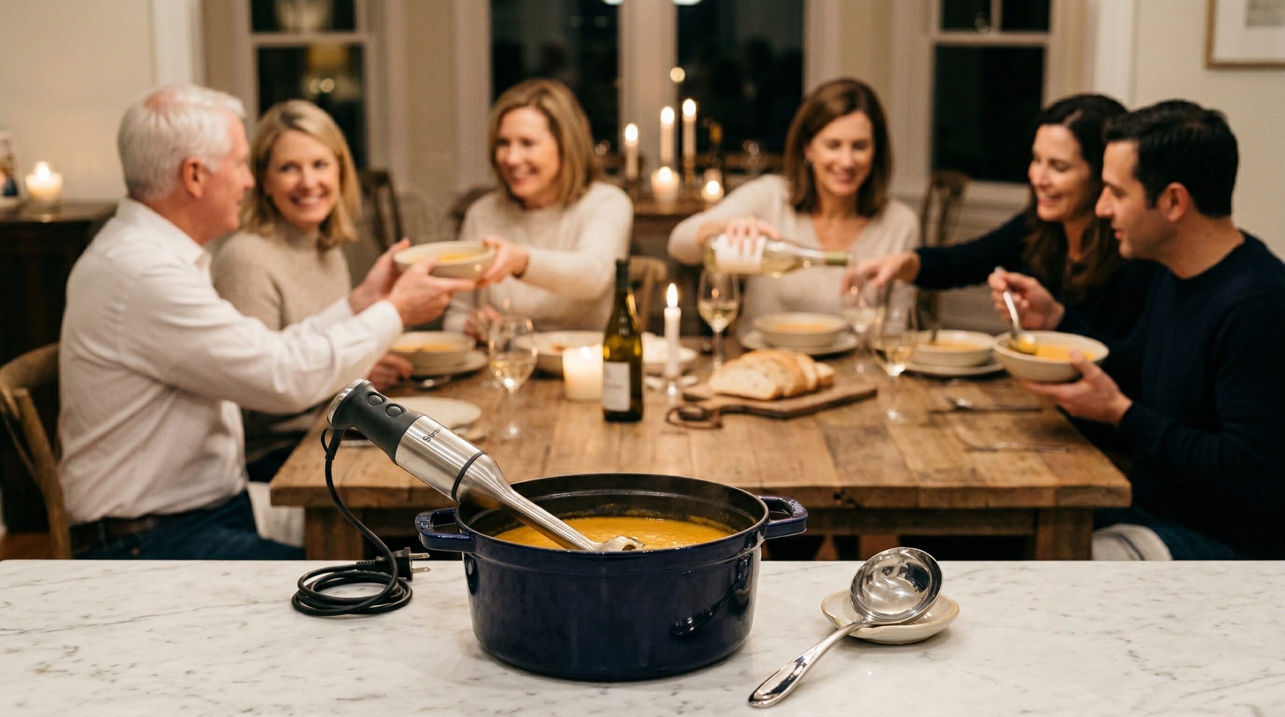 A heavy enameled cast-iron soup pot, a professional immersion blender, and a silver soup ladle in sharp focus in the foreground, with an elegant, softly lit evening dining room gathering blurred in the background