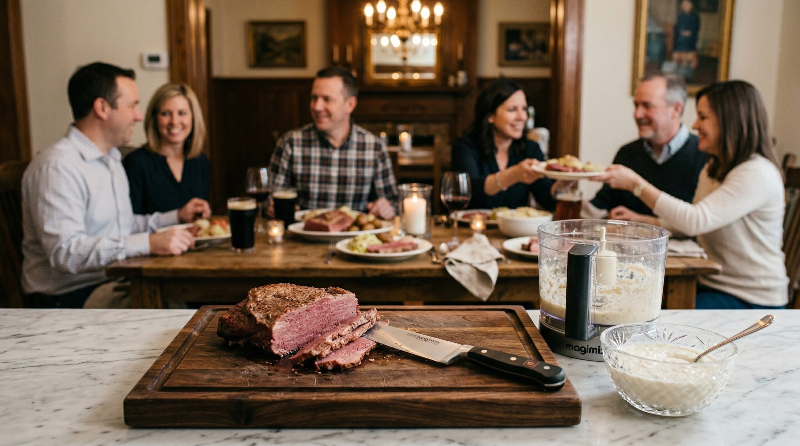 A heavy wooden carving board, carving knife, and a food processor bowl in sharp focus in the foreground, with an elegant softly lit dining room gathering of four Caucasian couples blurred in the background