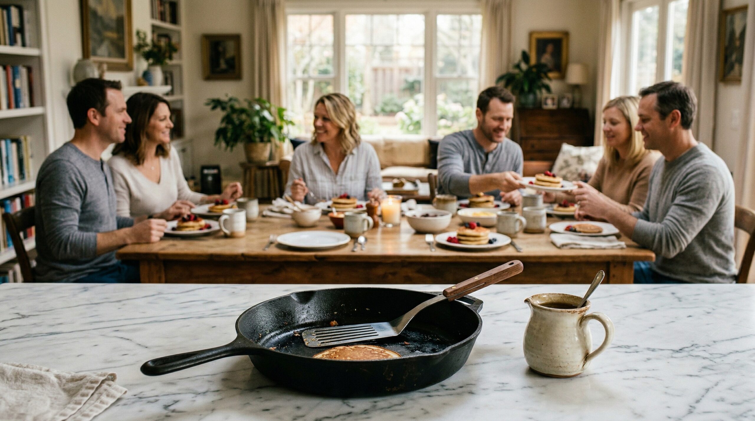 A heavy cast-iron skillet, a professional stainless steel spatula, and a small ceramic pitcher in sharp focus in the foreground, with an elegant, softly lit morning dining room blurred in the background