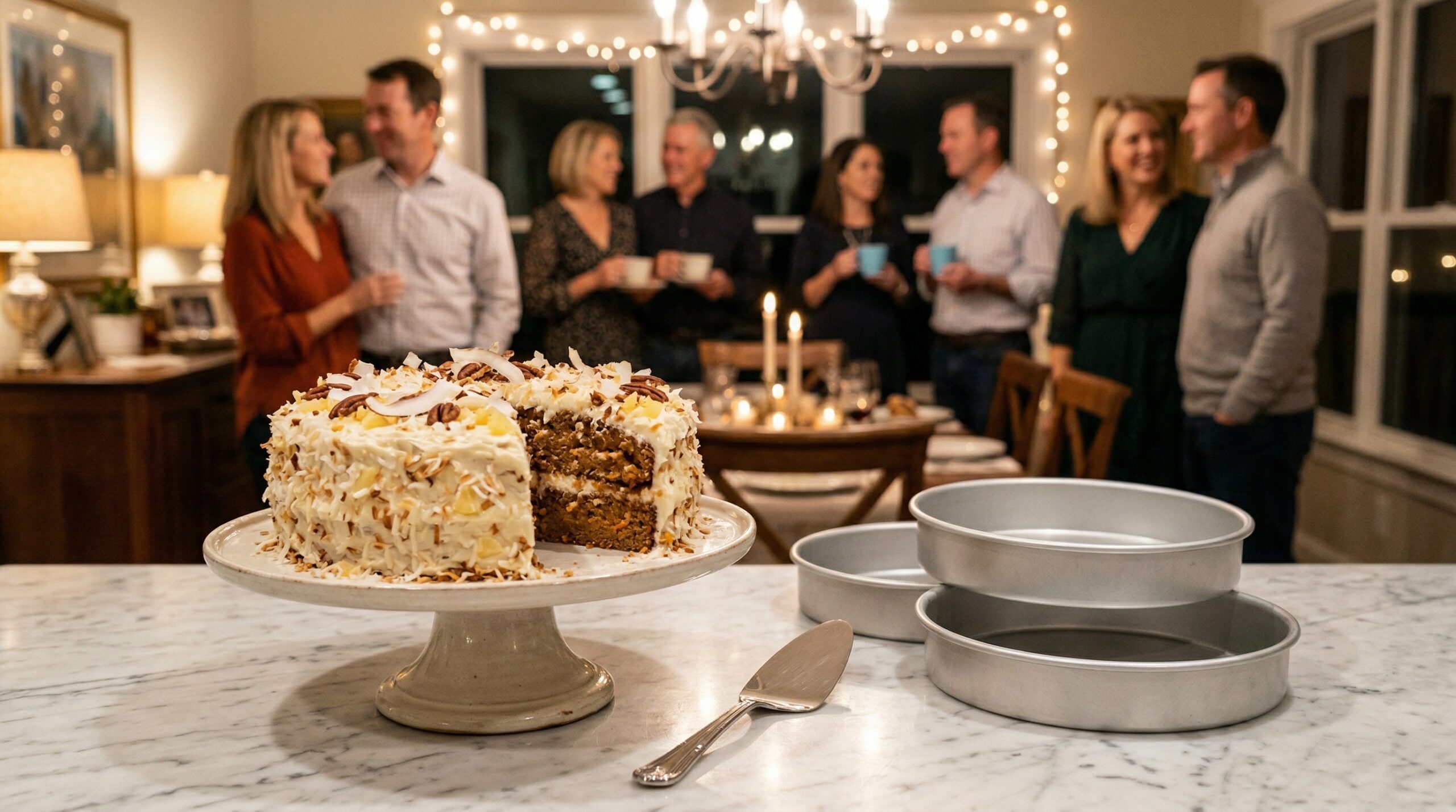 A heavy ceramic cake stand holding the frosted tropical carrot cake and three metal cake pans in sharp focus, with an elegant evening gathering of four couples blurred in the background