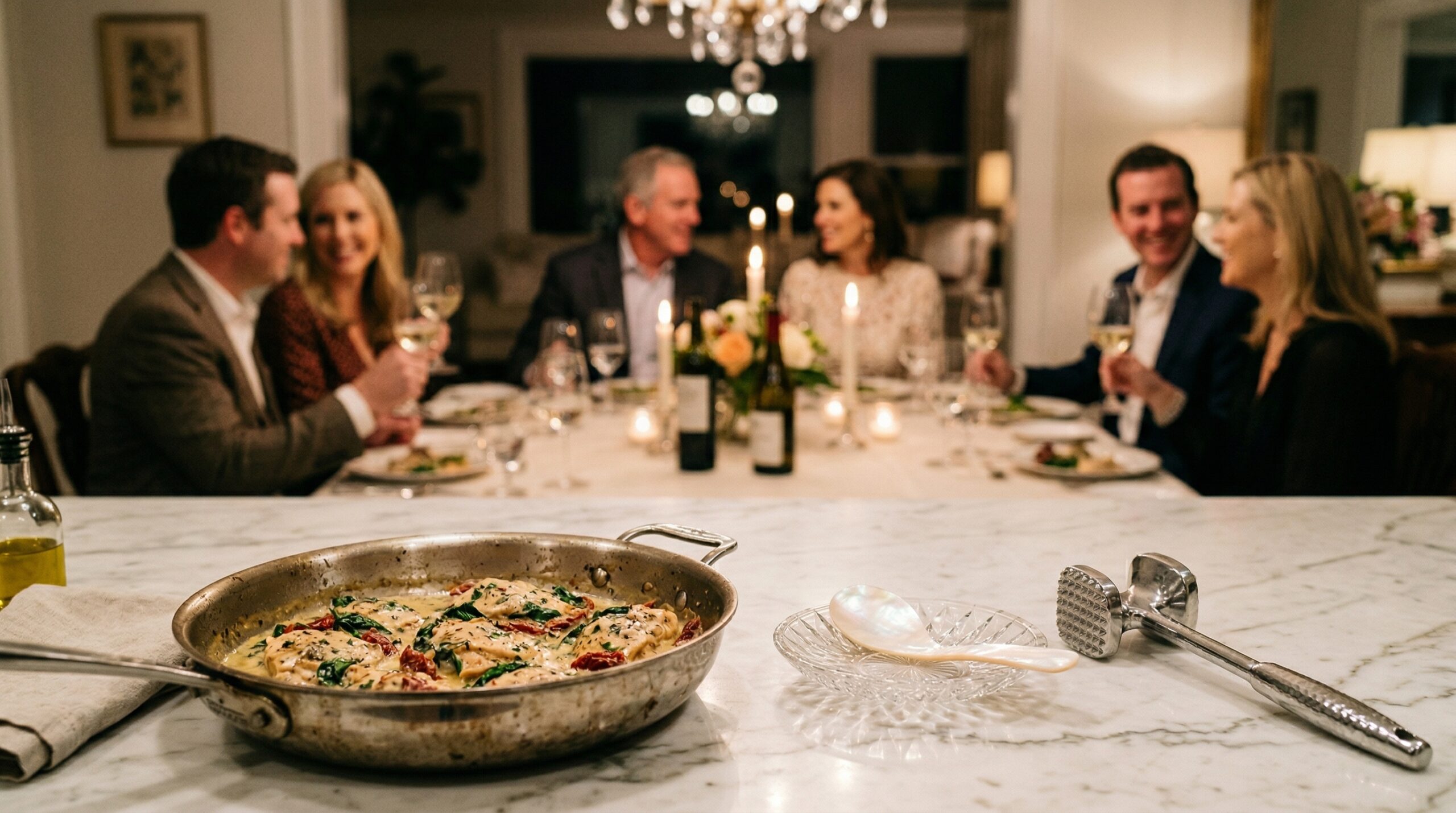 A heavy stainless steel skillet, a mother-of-pearl caviar spoon, and a silver meat mallet in sharp focus in the foreground, with an elegant, softly lit evening dining room blurred in the background
