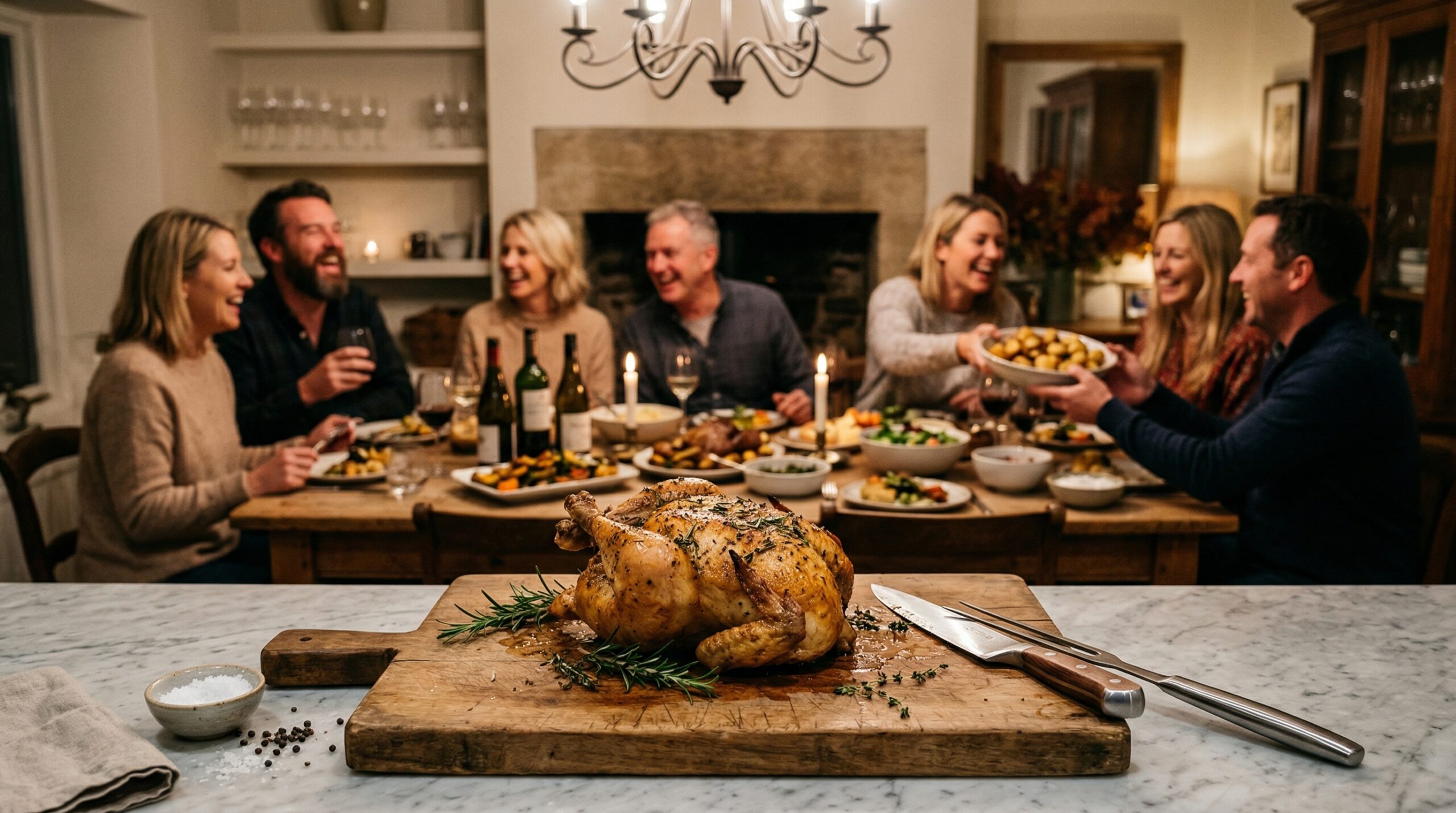 A heavy wooden carving board, carving knife, and meat fork in sharp focus in the foreground, with an elegant, softly lit dining room gathering blurred in the background