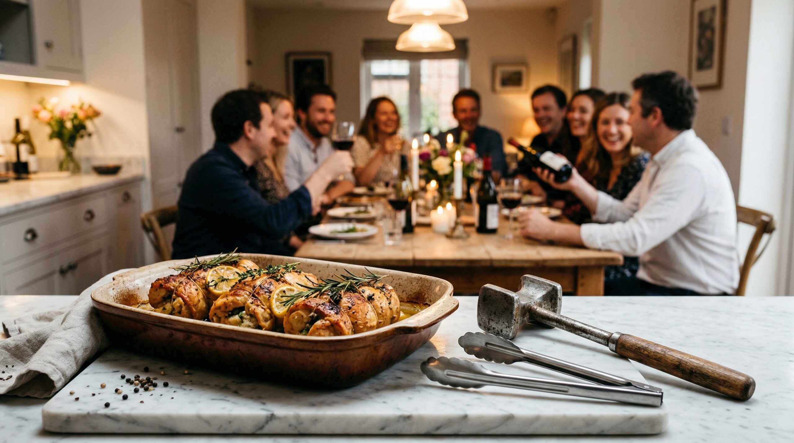 A heavy ceramic baking dish holding golden chicken rolls and a meat mallet in sharp focus, with a softly lit dining room gathering blurred in the background