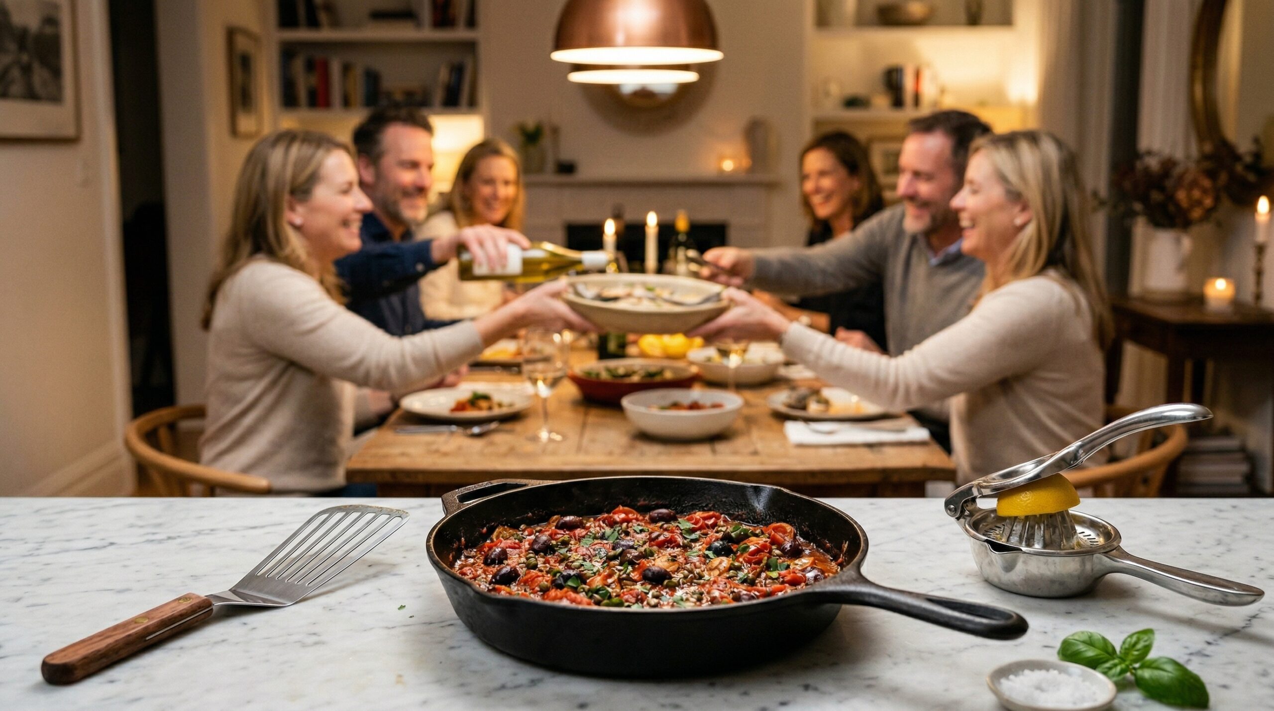 A heavy cast-iron skillet filled with puttanesca sauce and a professional stainless steel fish spatula in sharp focus in the foreground, with an elegant softly lit dining room gathering blurred in the background
