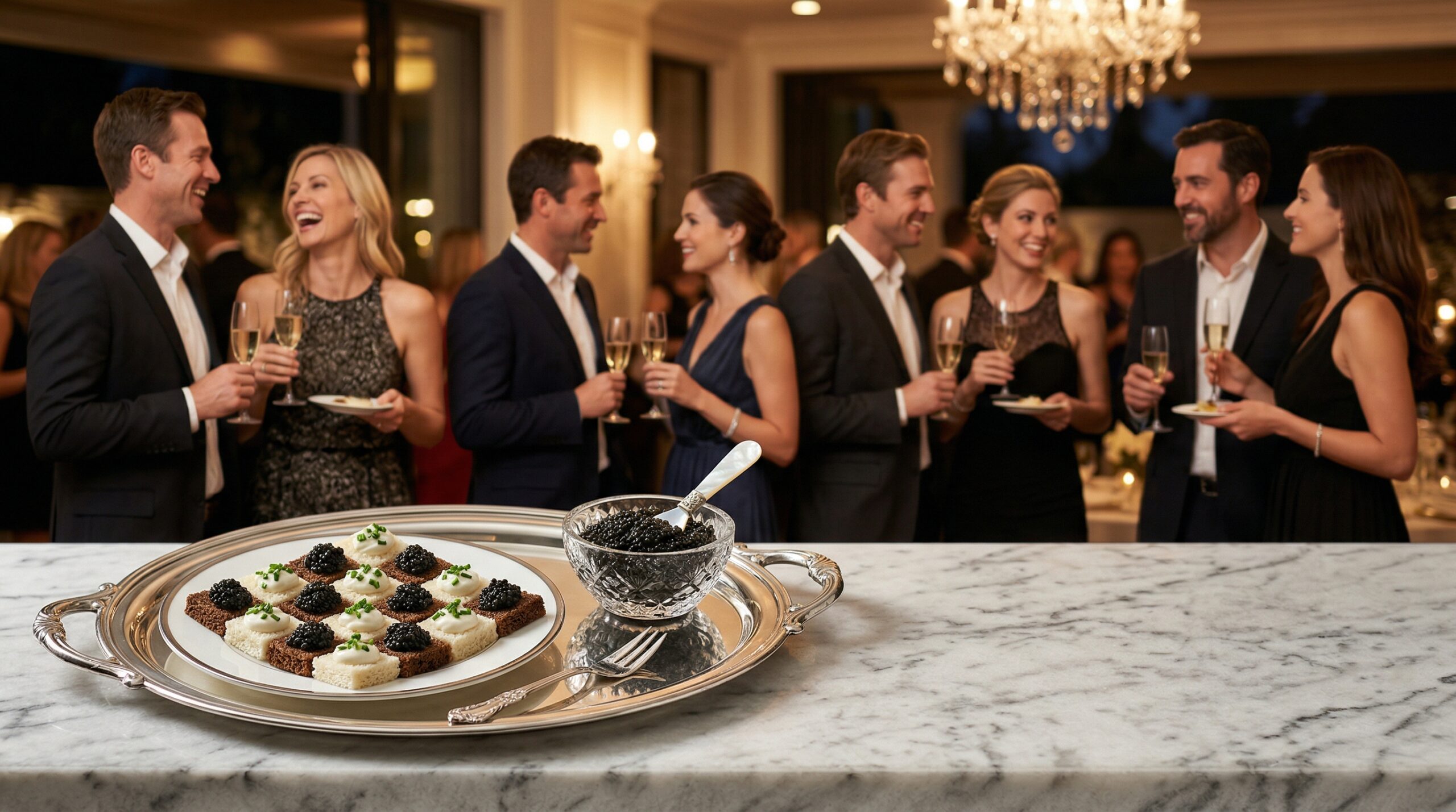 A polished silver serving tray holding the geometric checkerboard appetizer and a mother-of-pearl caviar spoon in sharp focus in the foreground, with an elegant evening cocktail party blurred in the background