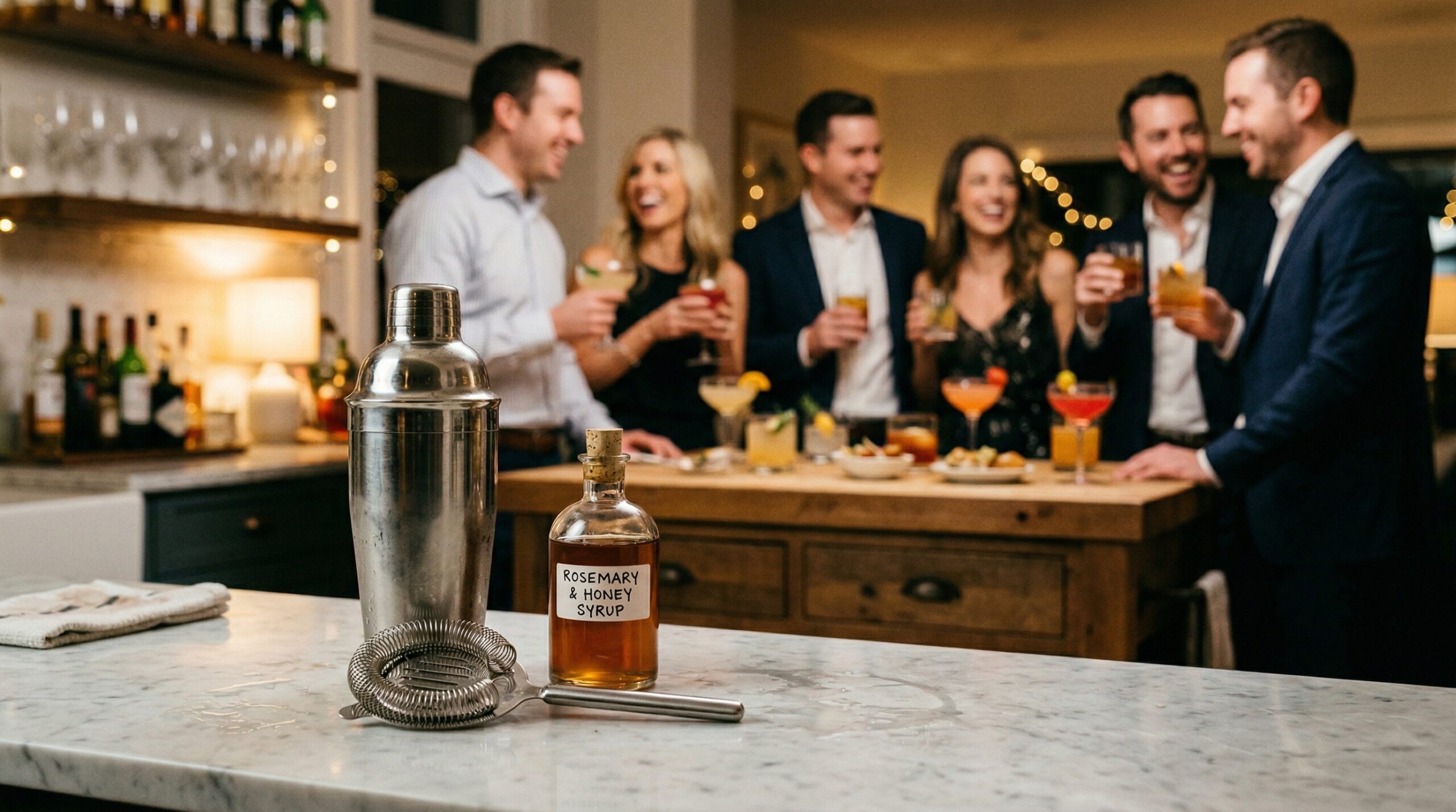 A heavy professional stainless steel cocktail shaker, a Hawthorne strainer, and a glass apothecary bottle in sharp focus, with an elegant evening cocktail gathering blurred in the background