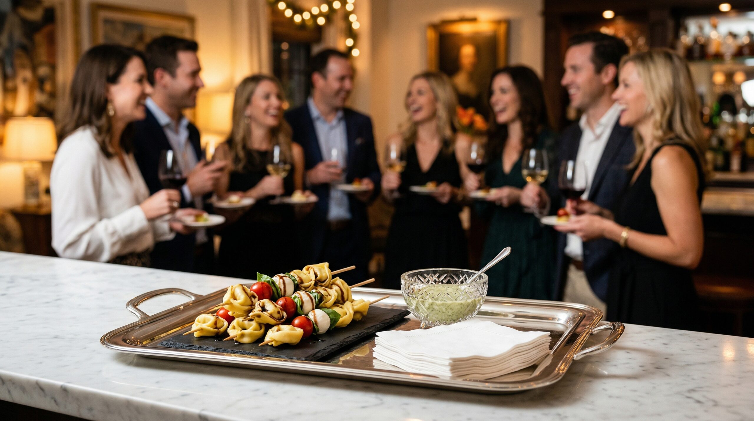 A polished silver serving tray holding arranged tortellini skewers and a crystal dip bowl in sharp focus, with an elegant, softly lit cocktail party blurred in the background