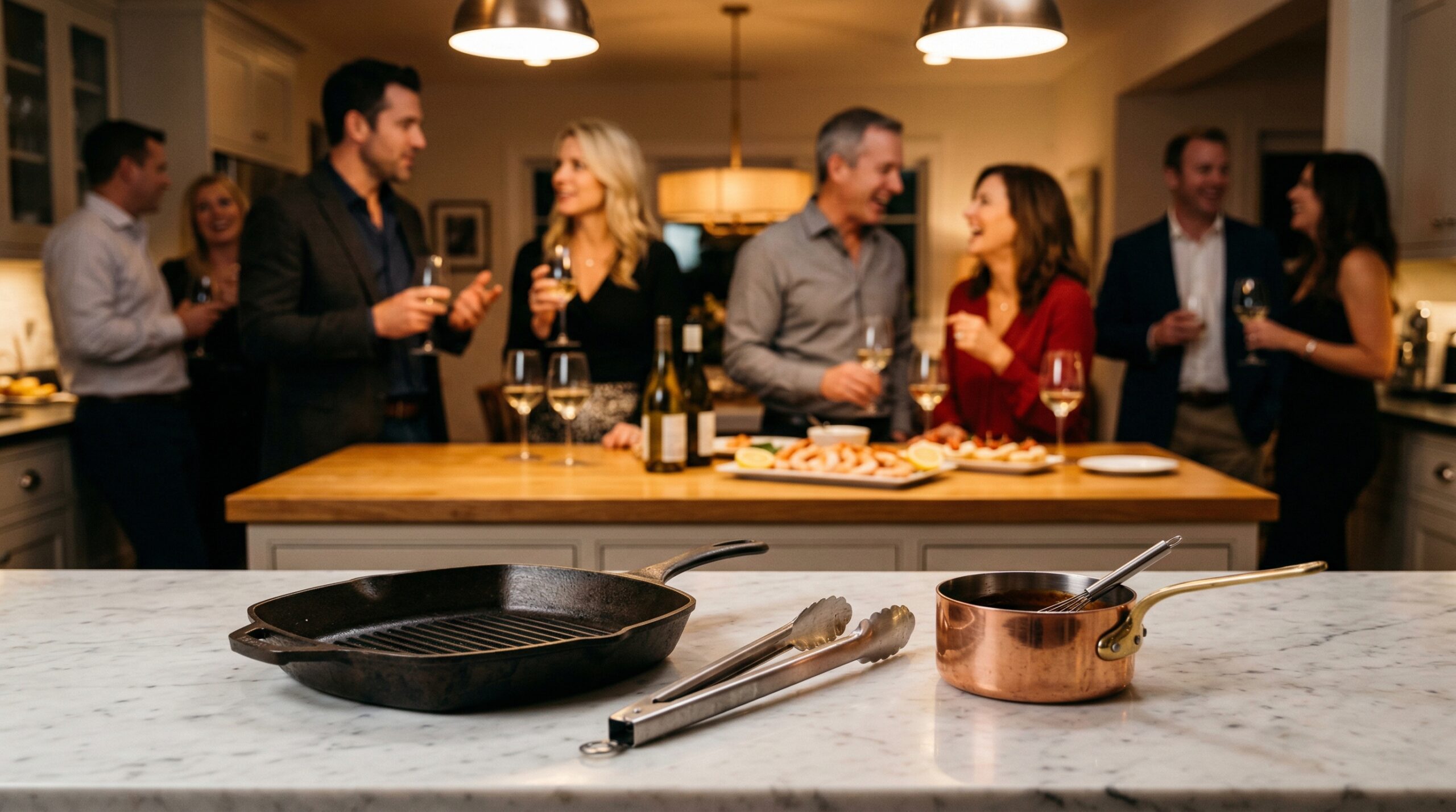 A heavy cast-iron grill pan, professional stainless steel grilling tongs, and a small copper saucepan in sharp focus in the foreground, with an elegant softly lit evening cocktail party blurred in the background